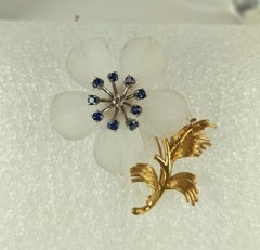 Elegant Rock Crystal Sapphire Diamond Flower Brooch