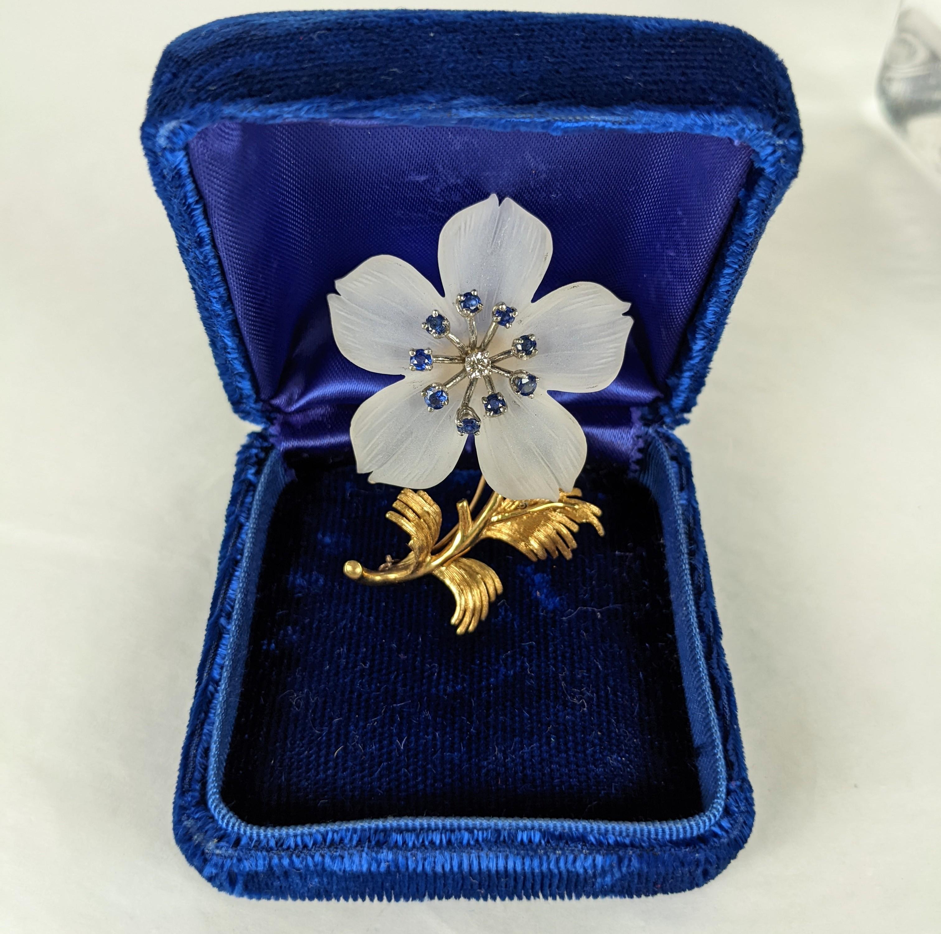 Elegant Rock Crystal Sapphire Diamond Flower Brooch In Good Condition For Sale In New York, NY