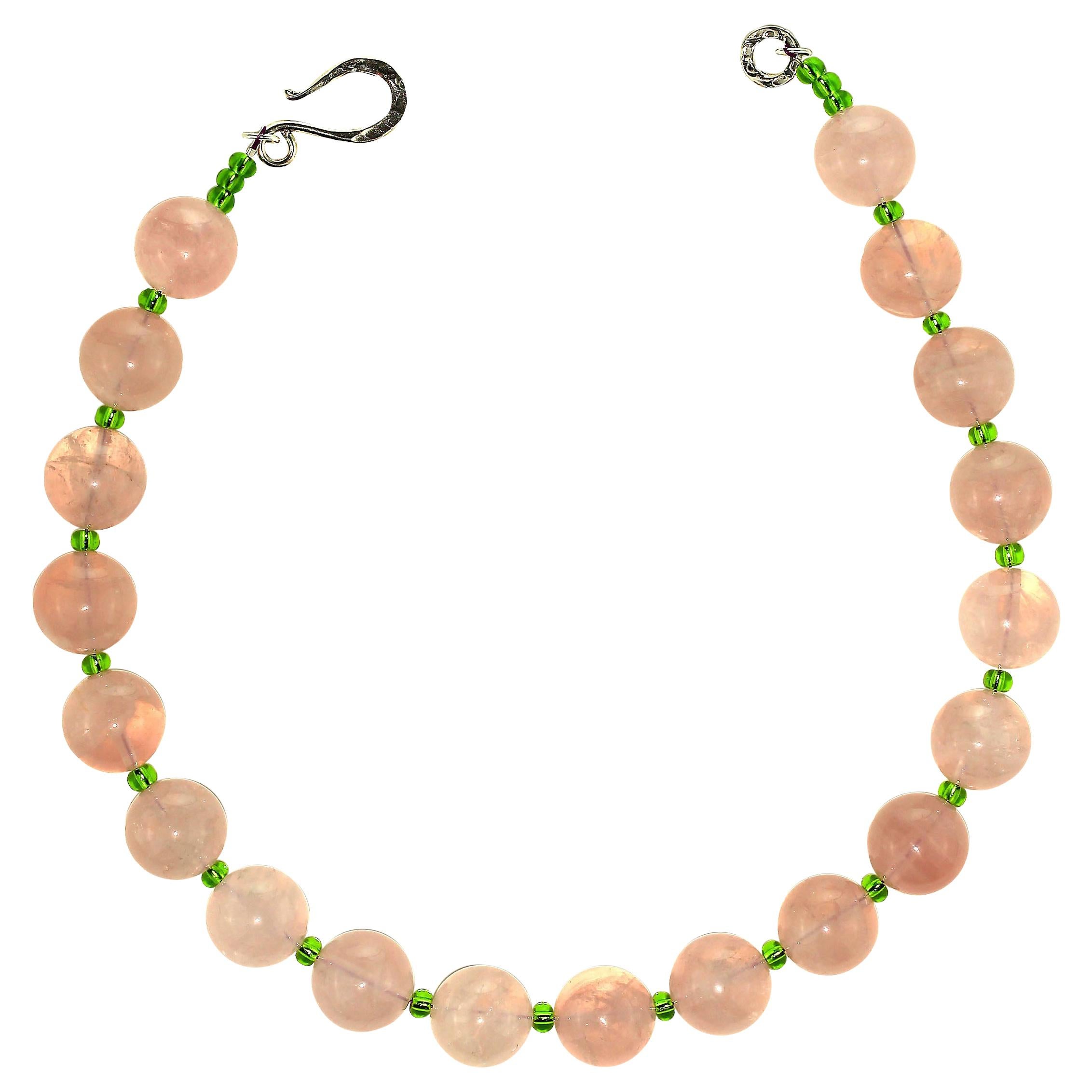 AJD Rose Quartz and Green Czech Bead 16 Inch Necklace In New Condition For Sale In Raleigh, NC