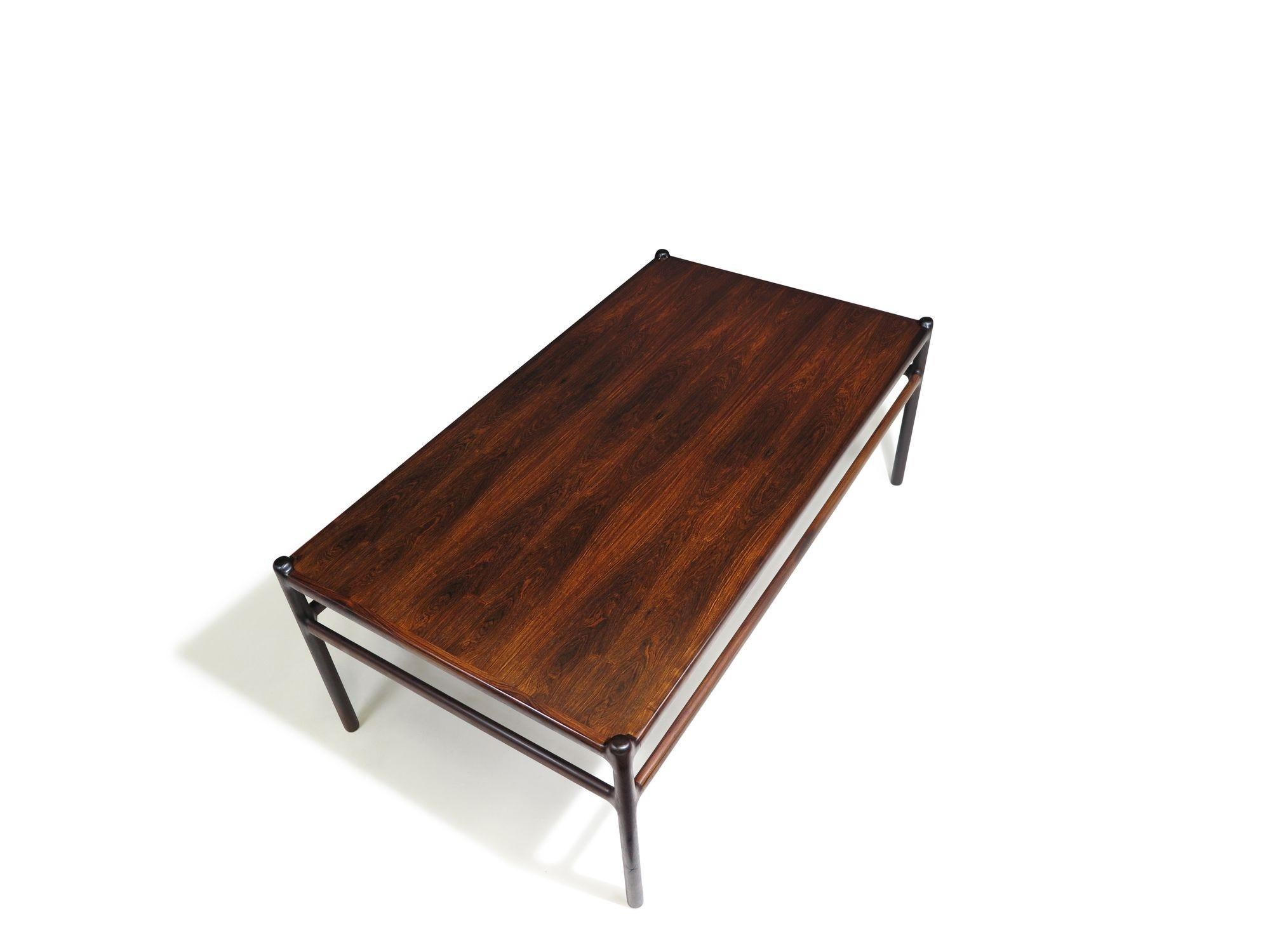 Finely crafted 1950's Scandinavian coffee table with a minimalist design, featuring elegantly carved cross stretchers and exquisite book-matched grain on the top surface. Properly restored with a natural oil finish.
Measurements
W 53’’ x D 30’’ x H