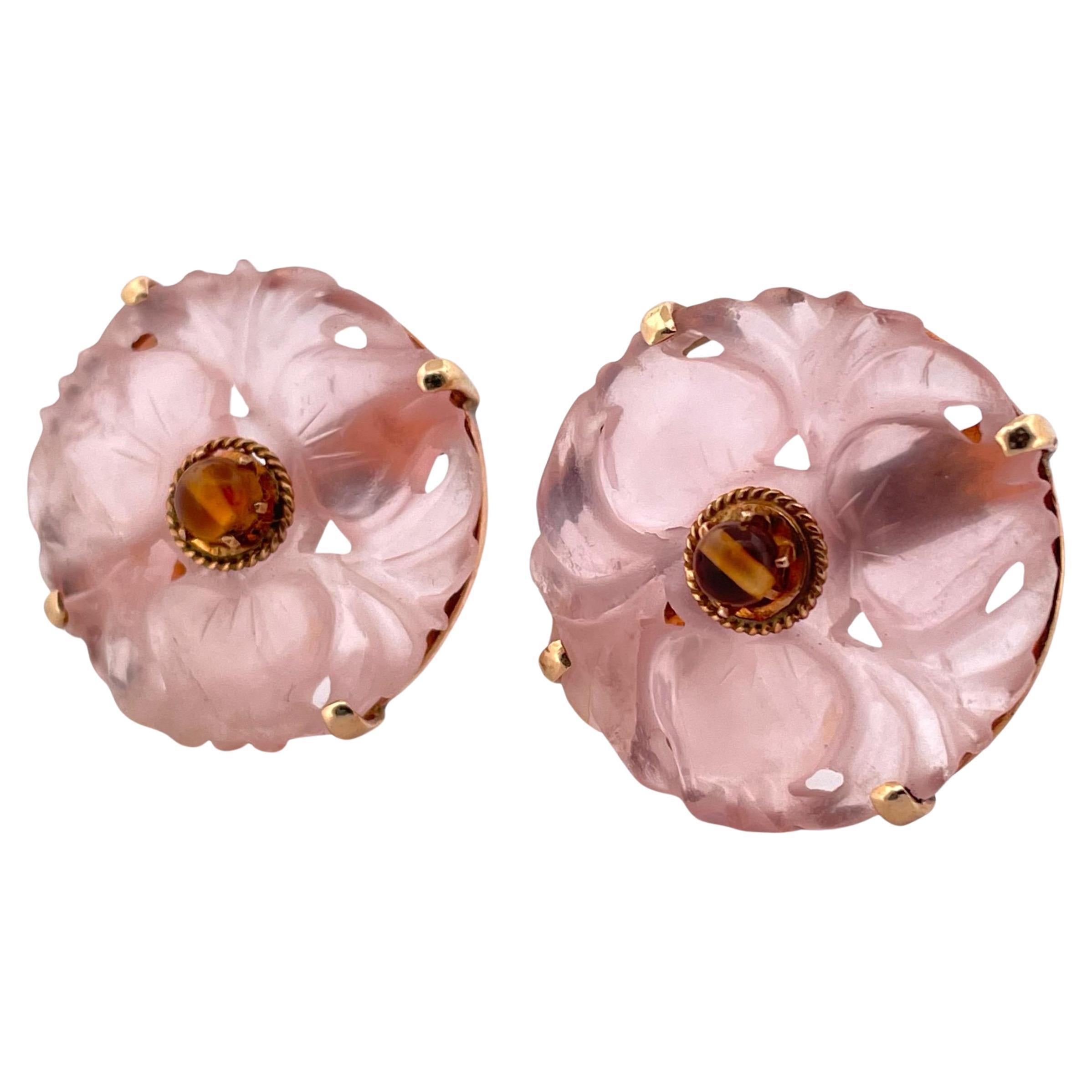 Elegant Rosy Pink Quartz Round Clip-On Earrings in 14K Yellow Gold For Sale