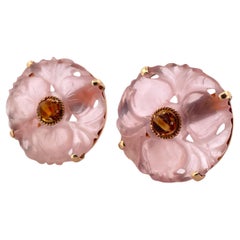 Elegante runde Ohrringe aus Rosenquarz mit Clip aus 14 Karat Gelbgold