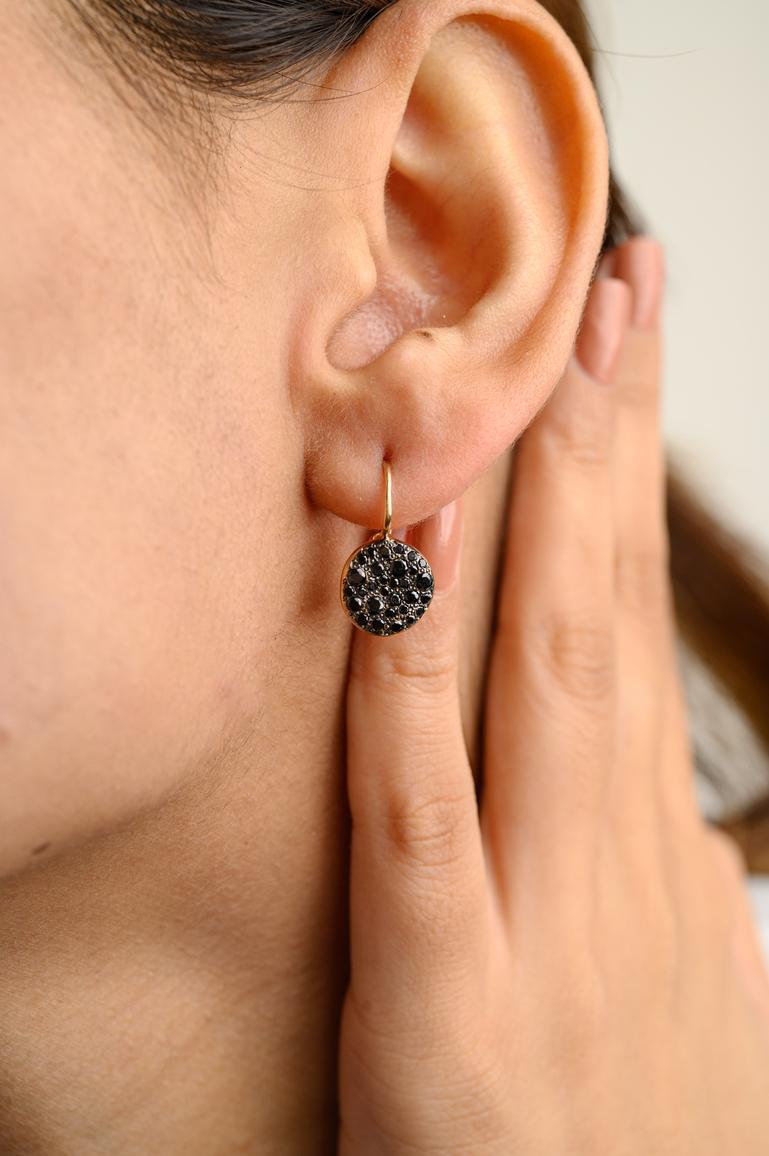 Round Cut Black Diamond Cluster Earrings in 18k Solid Yellow Gold For Sale