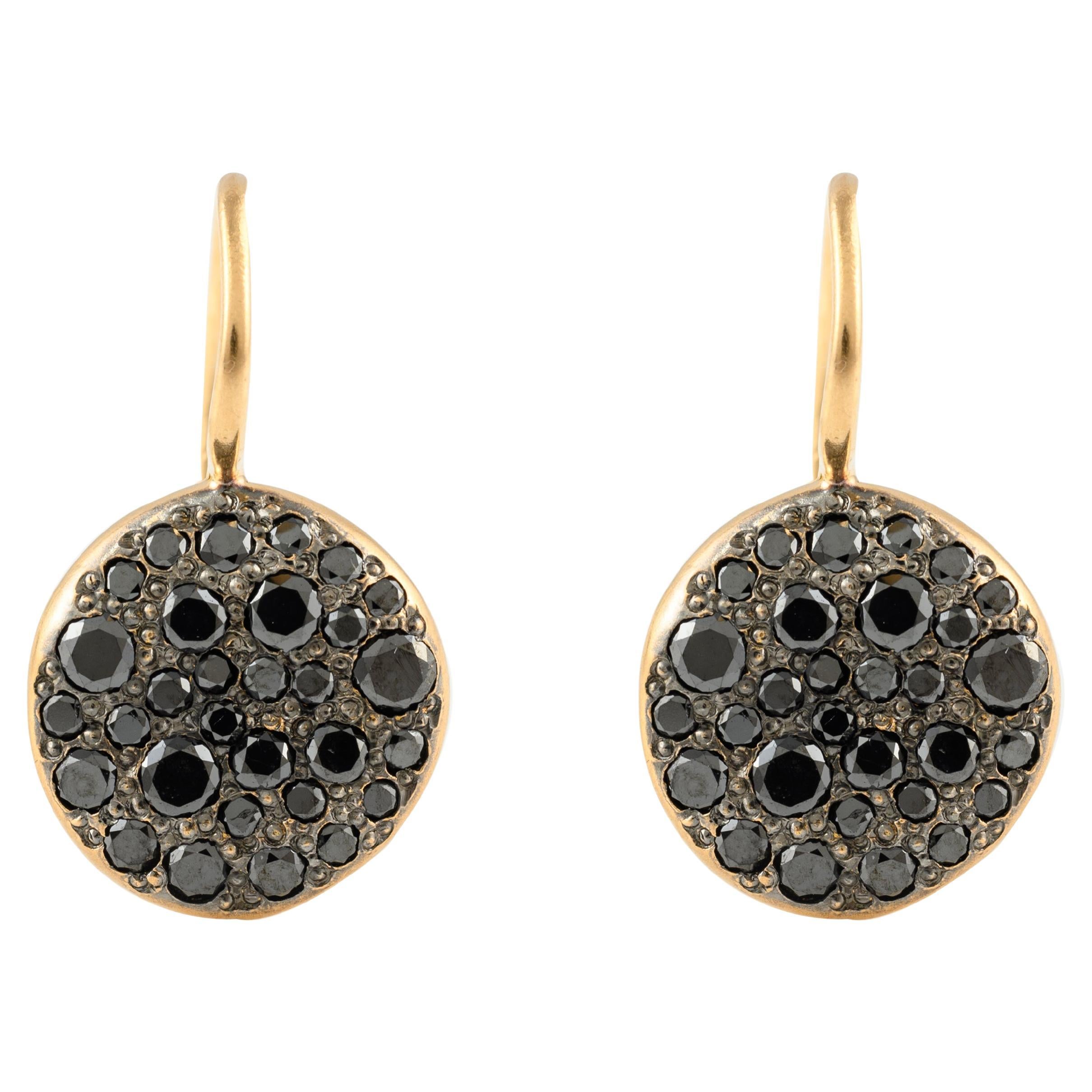 Black Diamond Cluster Earrings in 18k Solid Yellow Gold For Sale