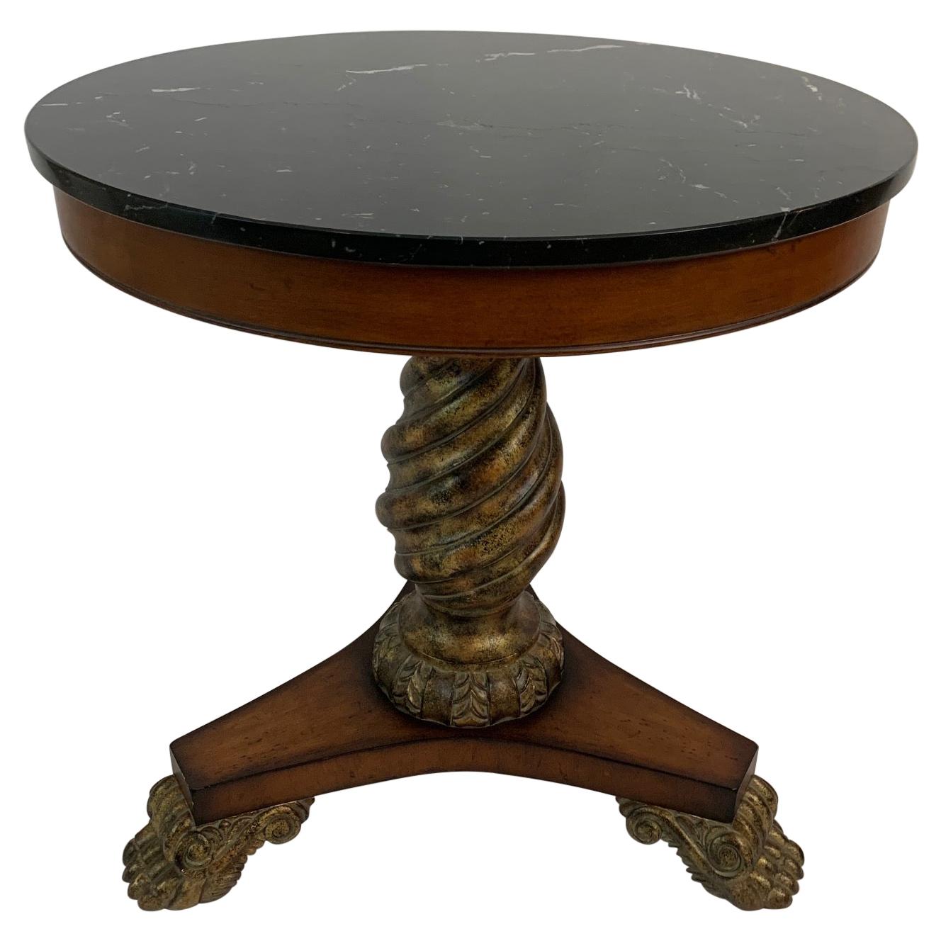 Elegant Round Black Marble Top & Fruitwood Side Table