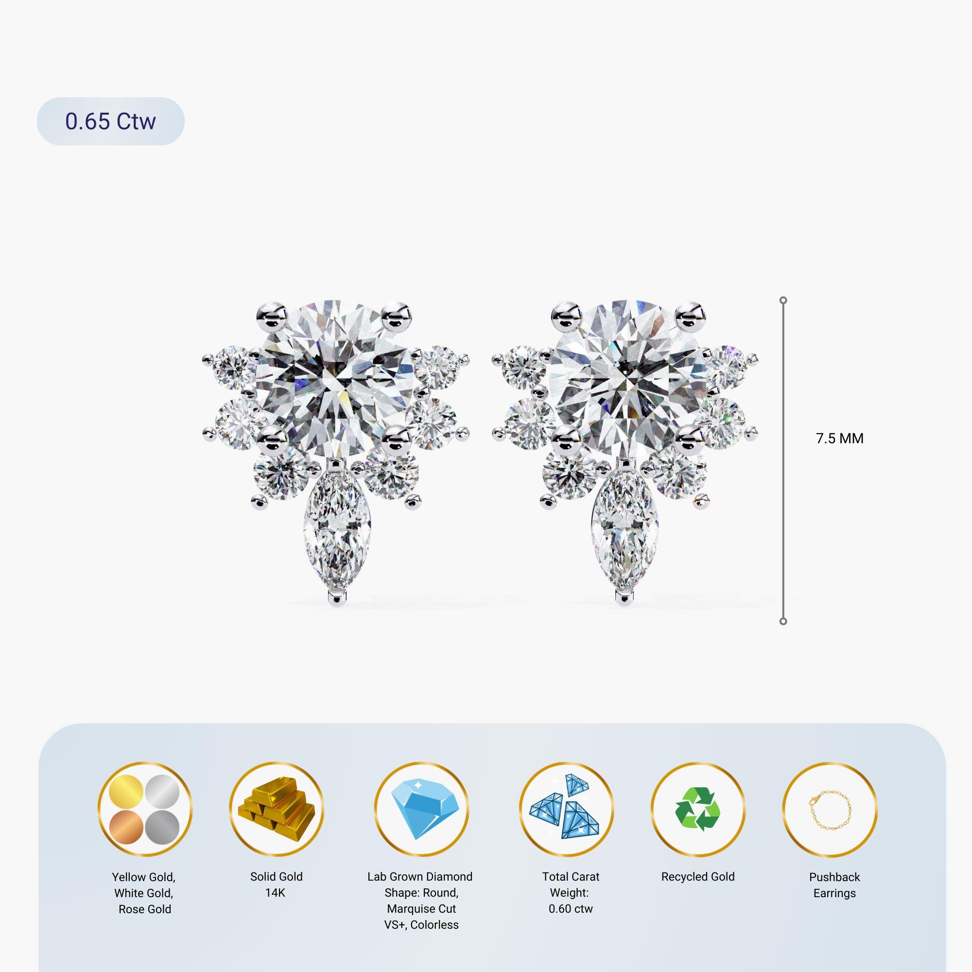 Elegantes pendientes de diamantes naturales redondos en racimo, oro macizo de 14k, SI GH en venta 4