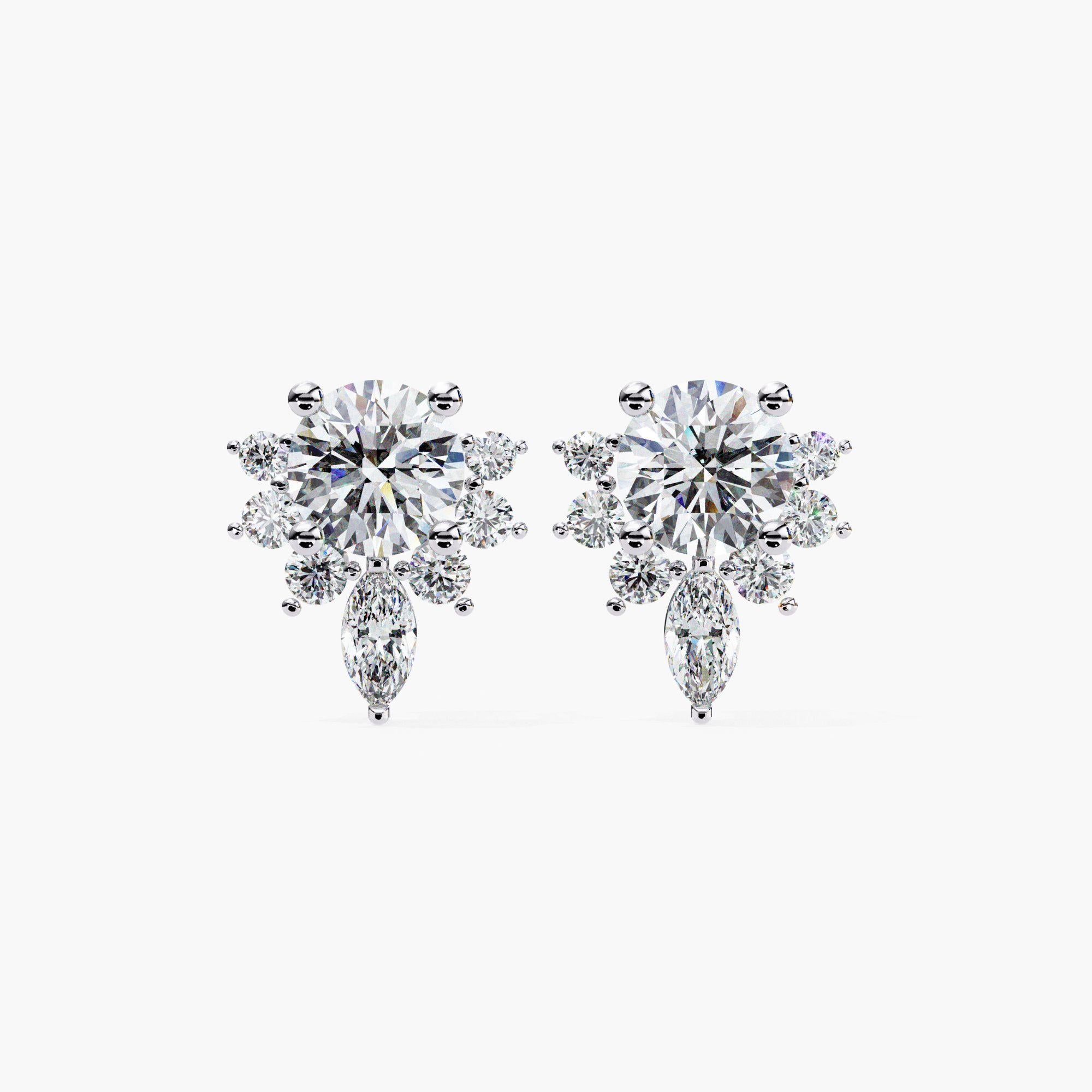 Elegantes pendientes de diamantes naturales redondos en racimo, oro macizo de 14k, SI GH Contemporáneo en venta