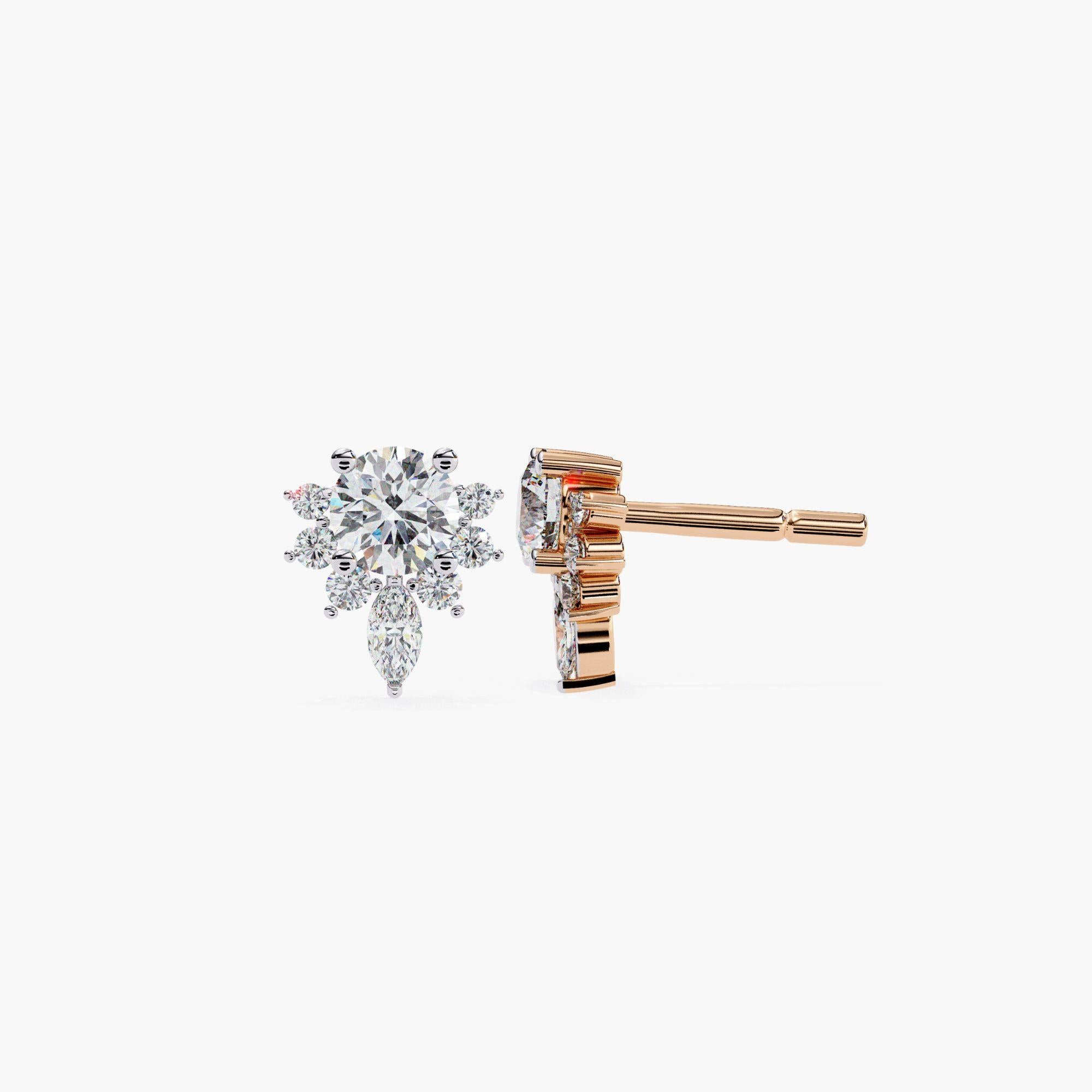 Elegantes pendientes de diamantes naturales redondos en racimo, oro macizo de 14k, SI GH en venta 2