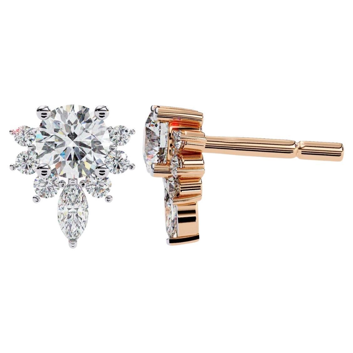 Elegant Round Cluster Natural Diamond Stud Earrings, 14k Solid Gold, SI GH