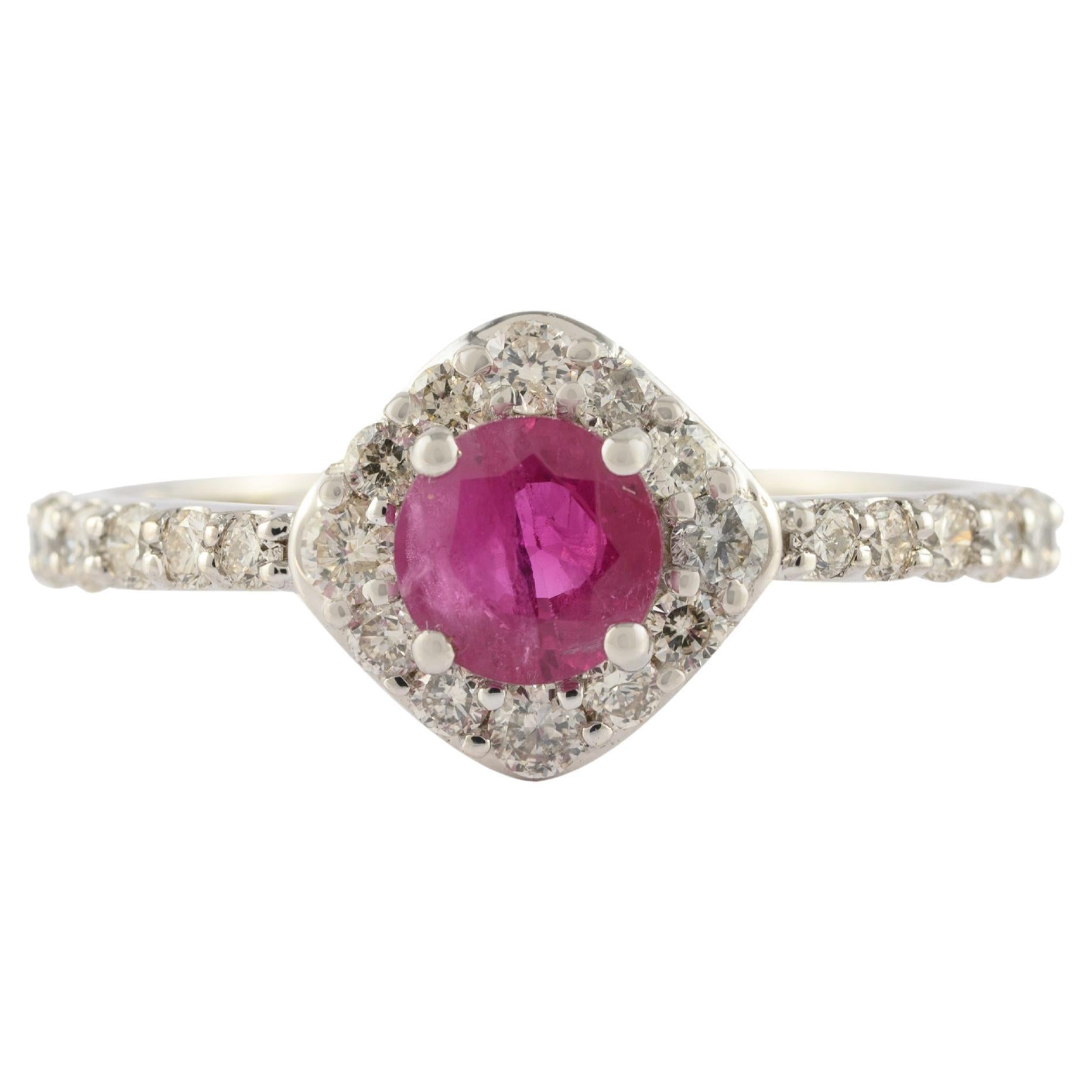 For Sale:  Elegant Round Cut Ruby Ring and Halo Diamond Studded in 14k Solid White Gold
