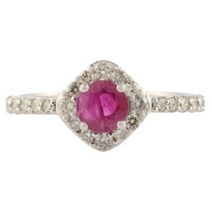 Elegant Round Cut Ruby Ring and Halo Diamond Studded in 14k Solid White Gold