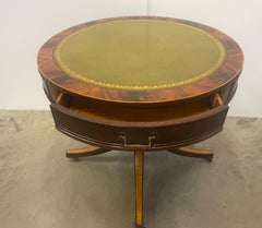 Elegant Round Flame Mahogany Side Table with Green Apple Leather Top