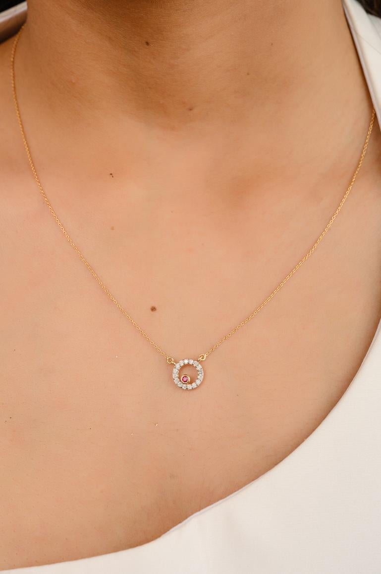 Round Cut Dainty Diamond Ruby Necklace 14k Solid Yellow Gold, Bride To Be Gift For Her For Sale