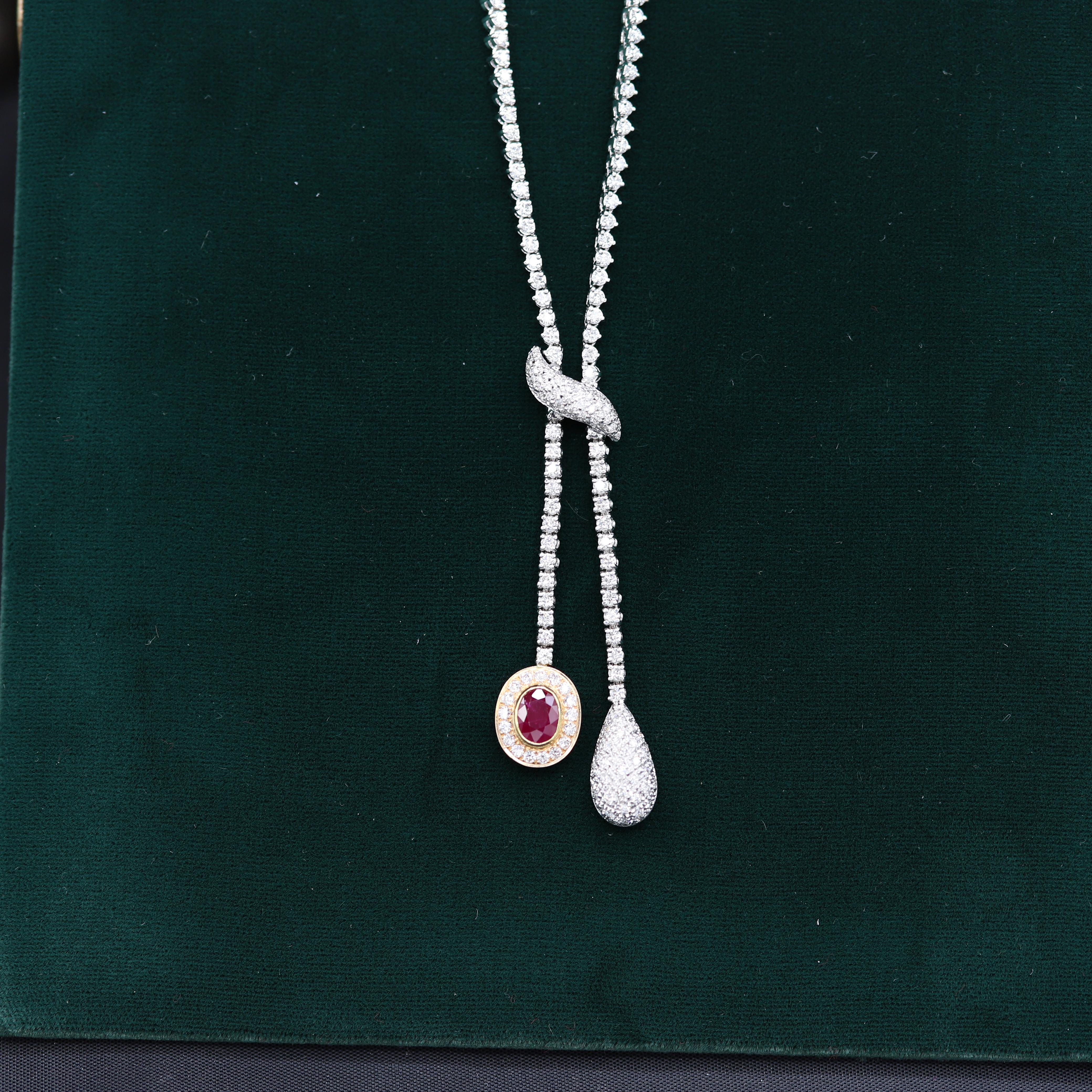 Elegant Ruby Diamond Dangle Necklace 18 Karat White Gold Ruby & Diamond Tassel For Sale 5