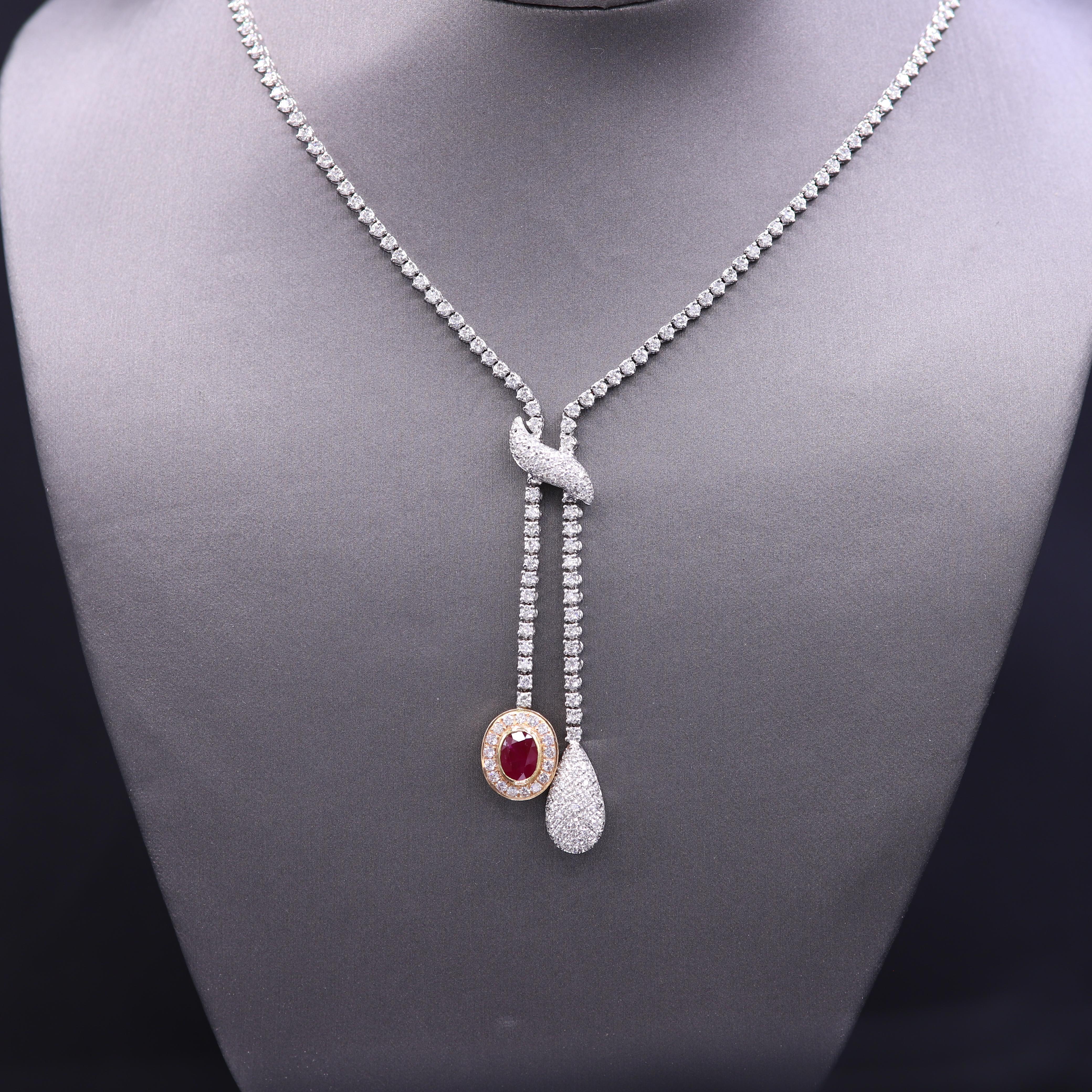 Elegant Ruby Diamond Dangle Necklace 18 Karat White Gold Ruby & Diamond Tassel For Sale 6