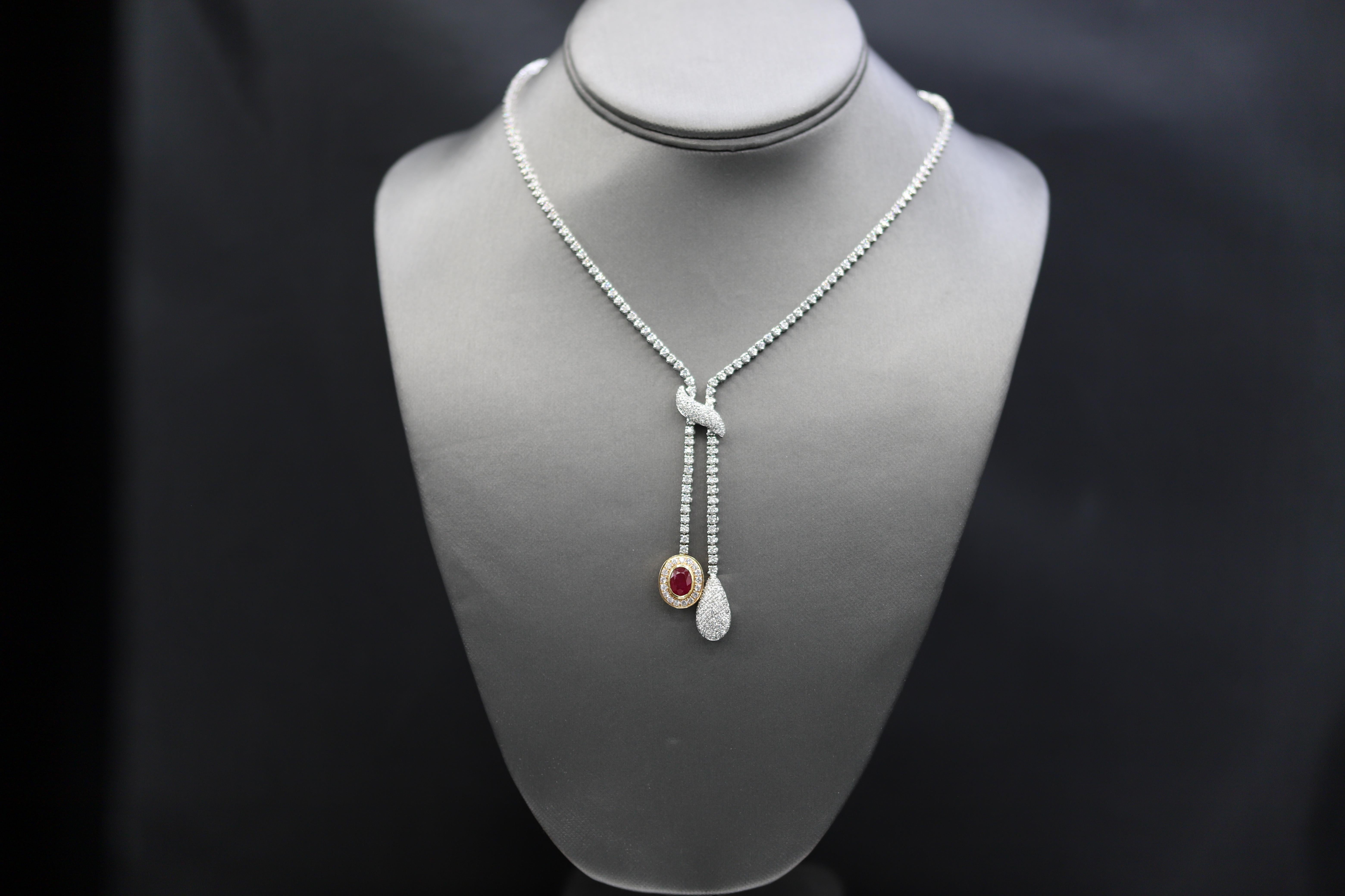 Elegant Ruby Diamond Dangle Necklace 18 Karat White Gold Ruby & Diamond Tassel For Sale 7