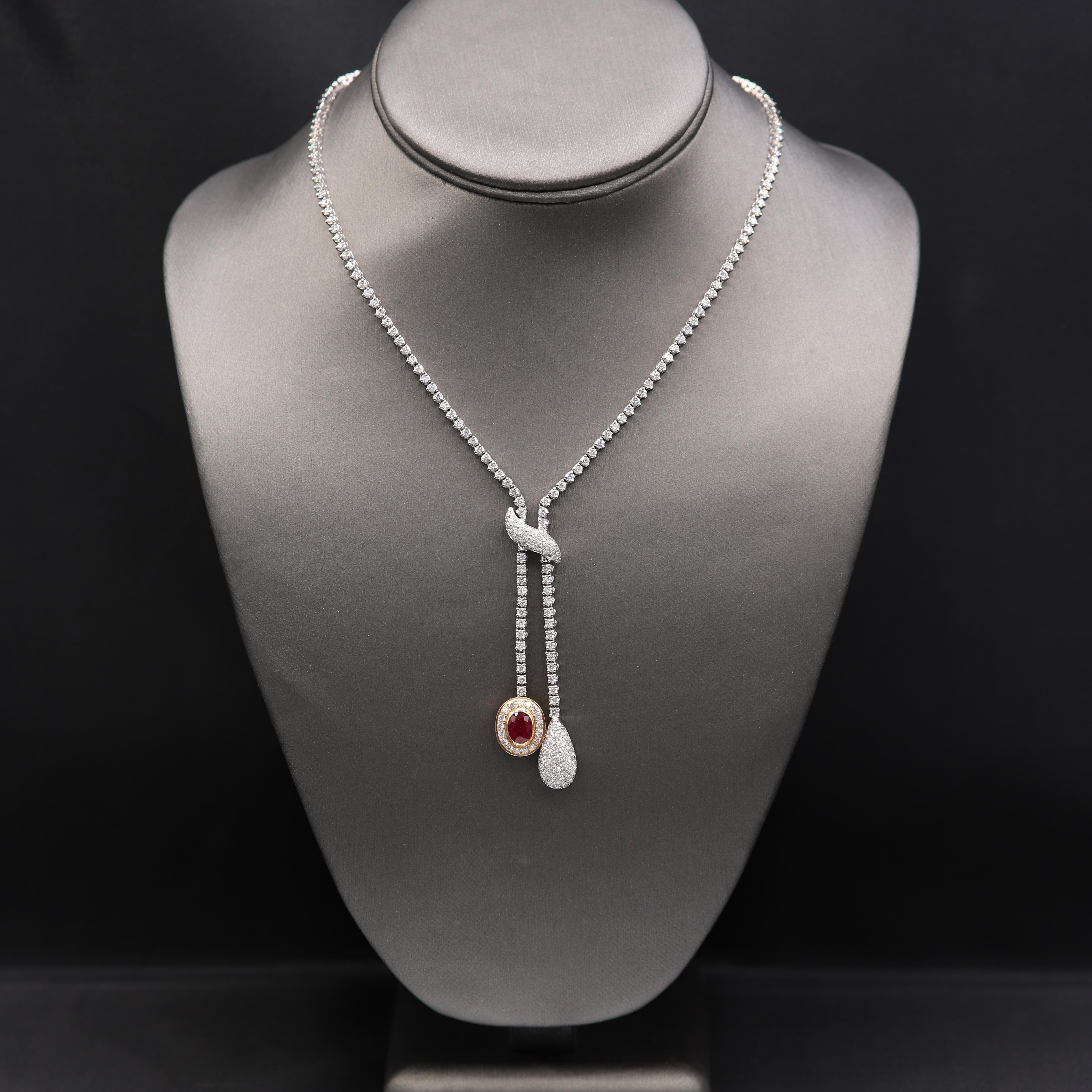 Women's Elegant Ruby Diamond Dangle Necklace 18 Karat White Gold Ruby & Diamond Tassel For Sale
