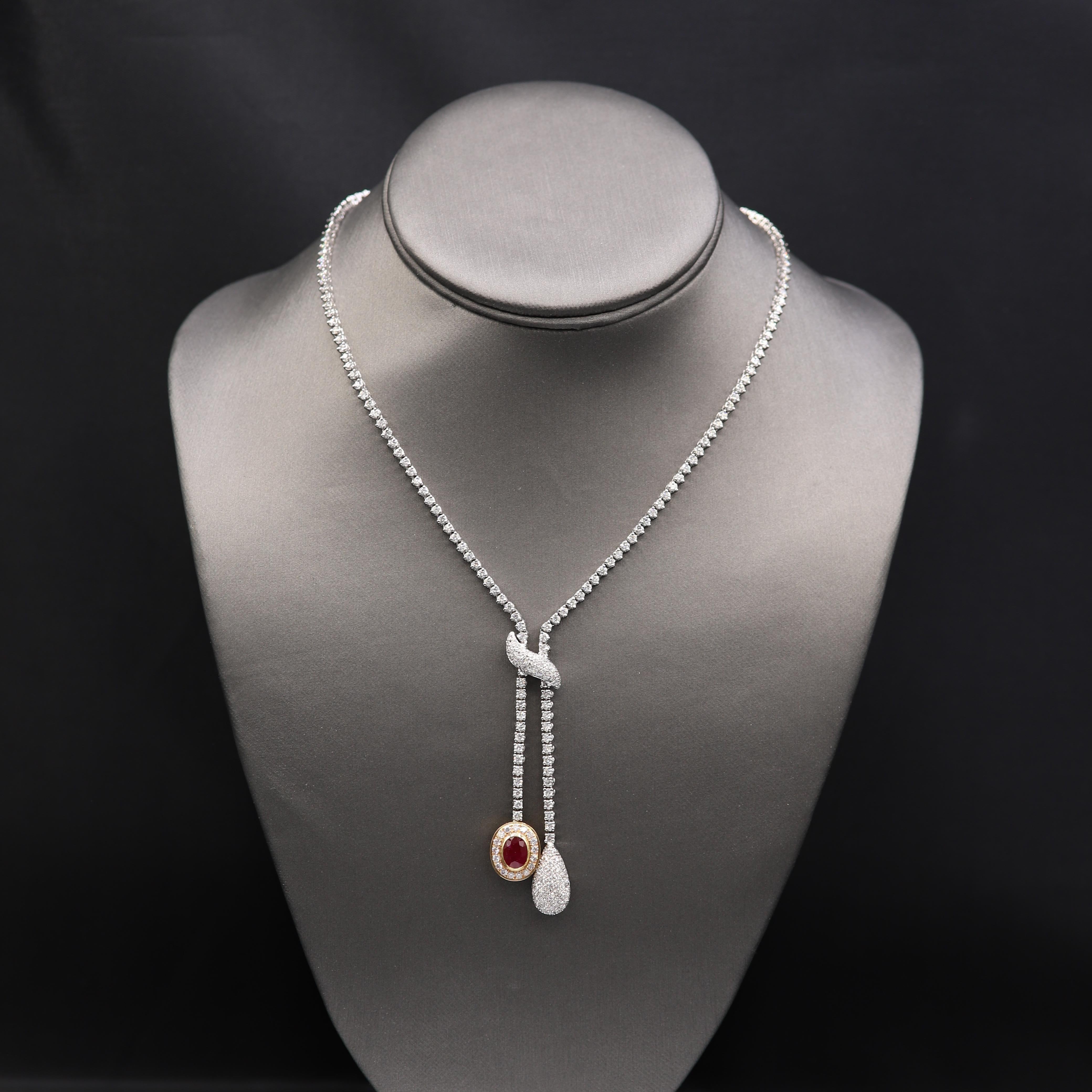 Elegant Ruby Diamond Dangle Necklace 18 Karat White Gold Ruby & Diamond Tassel For Sale 1
