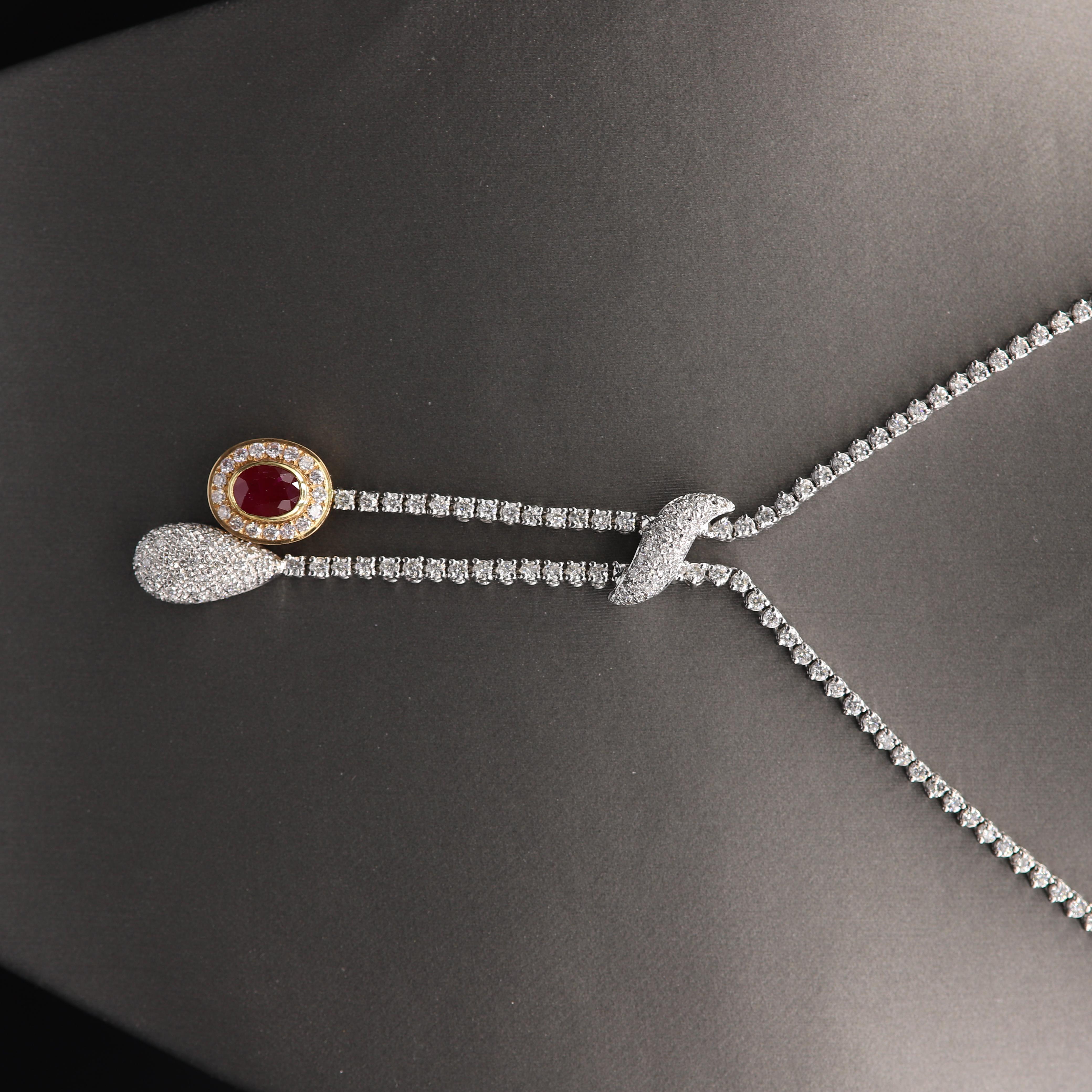 Elegant Ruby Diamond Dangle Necklace 18 Karat White Gold Ruby & Diamond Tassel For Sale 2
