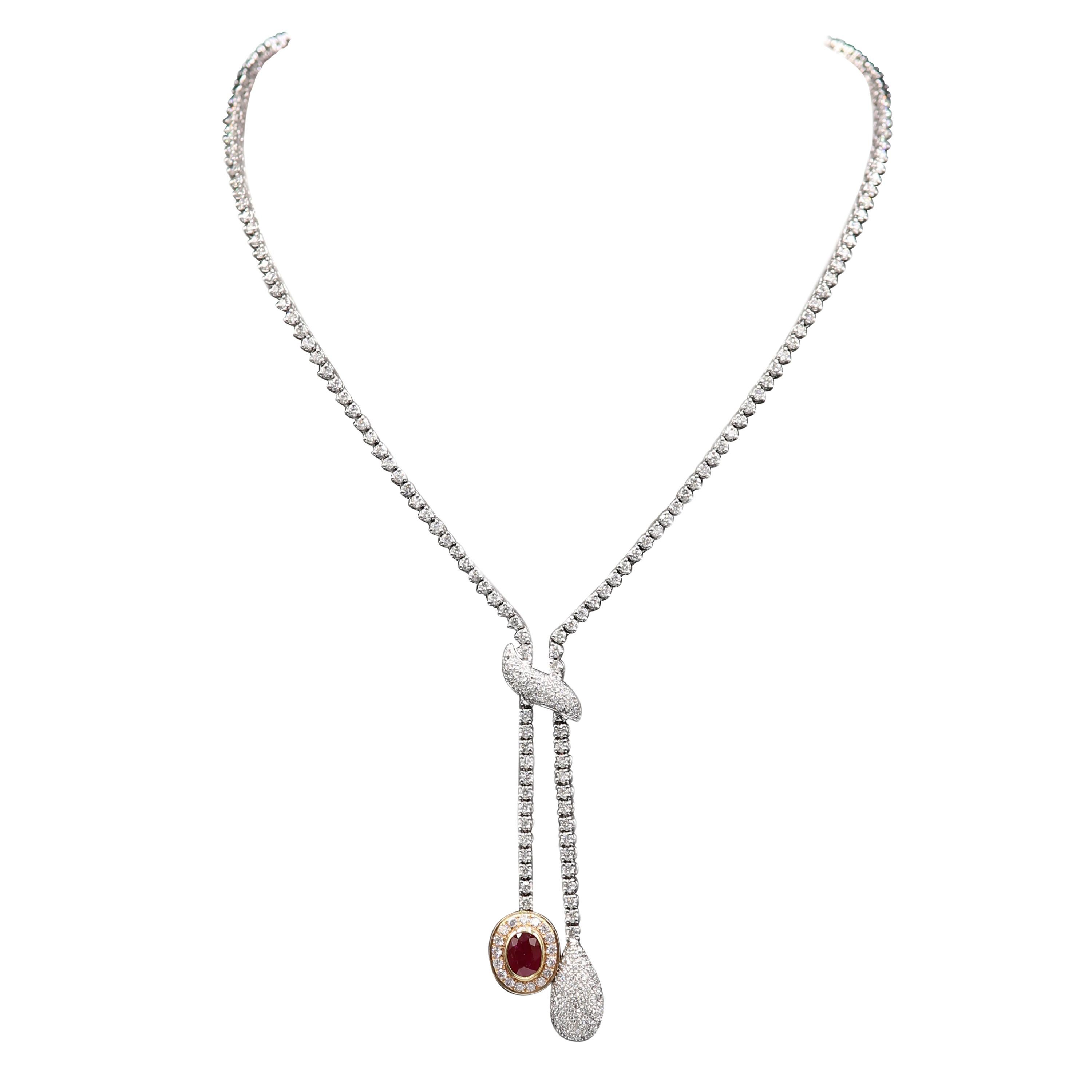 Elegant Ruby Diamond Dangle Necklace 18 Karat White Gold Ruby & Diamond Tassel