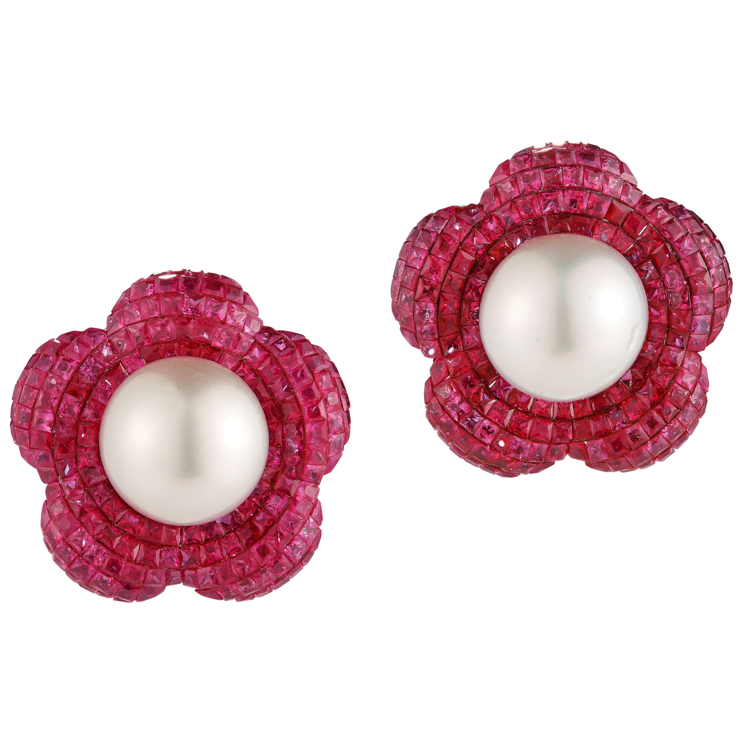 Elegant Ruby and South Sea Pearls 18 Karat White Gold Earrings