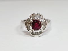 Ruby Cushion Shape Baguette Diamond Ring 18 Karat White Gold