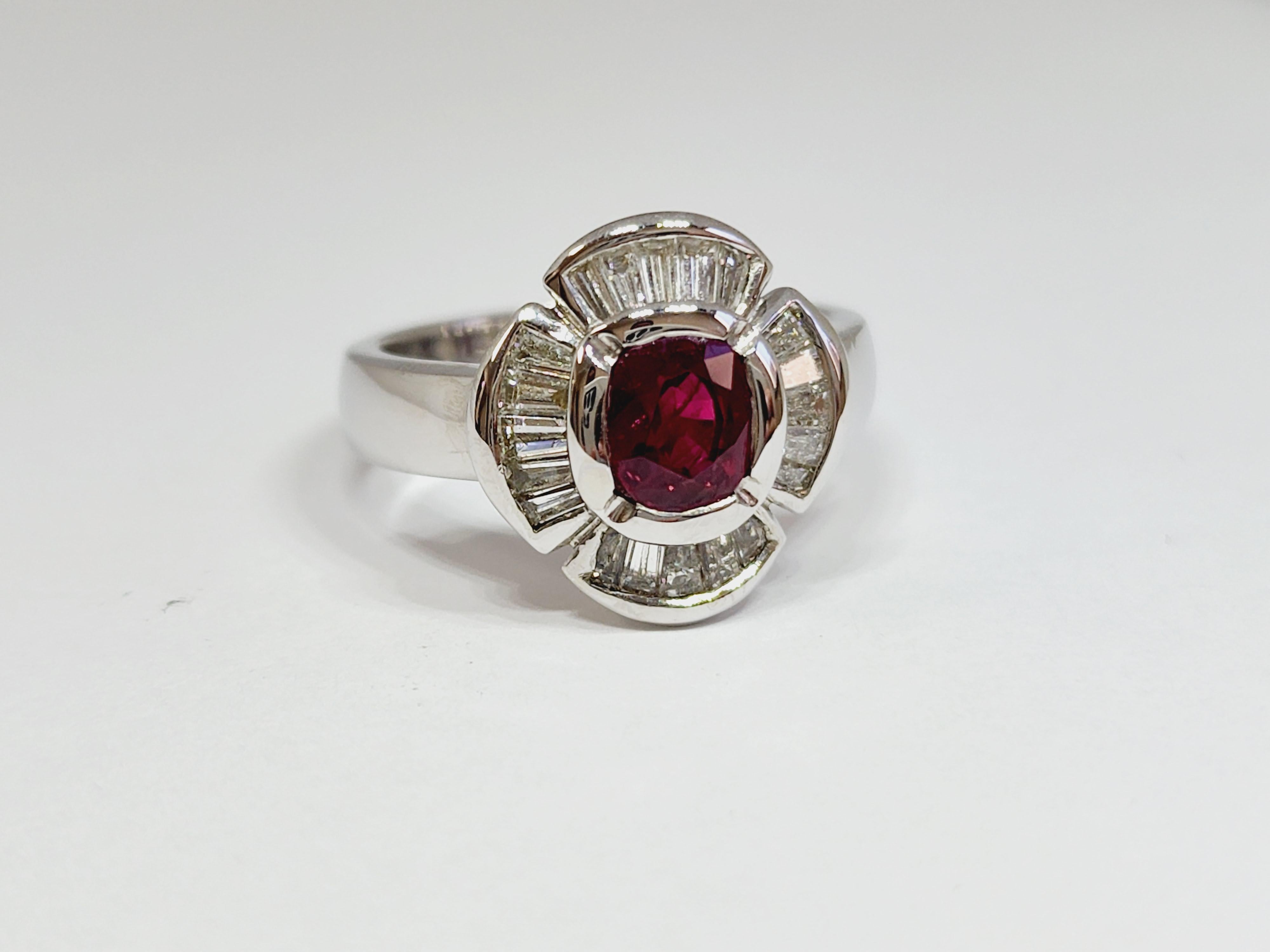 Cushion Cut Elegant Ruby Cushion Shape Baguette Diamond Ring 18 Karat White Gold For Sale