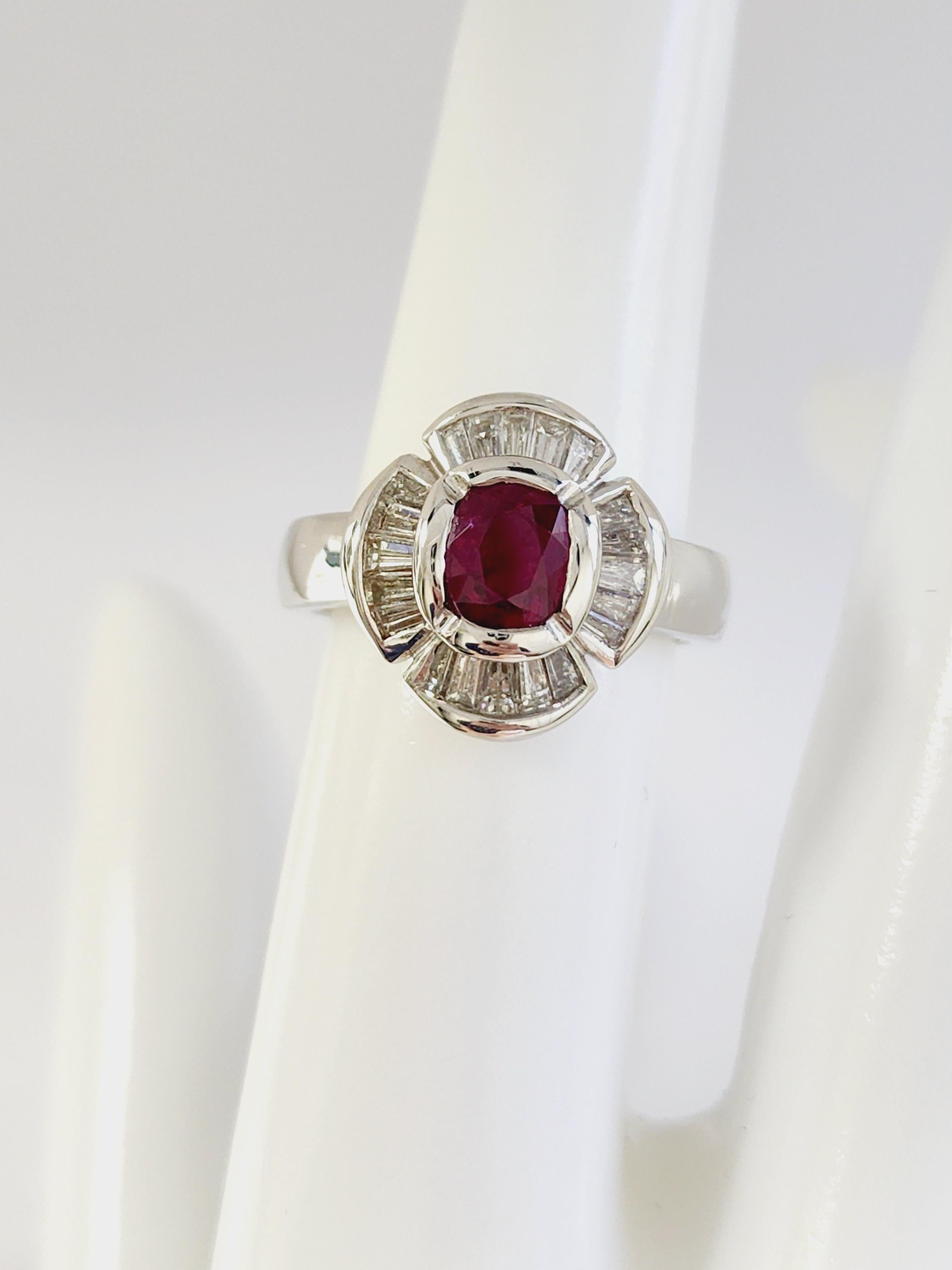 Elegant Ruby Cushion Shape Baguette Diamond Ring 18 Karat White Gold In New Condition For Sale In Great Neck, NY