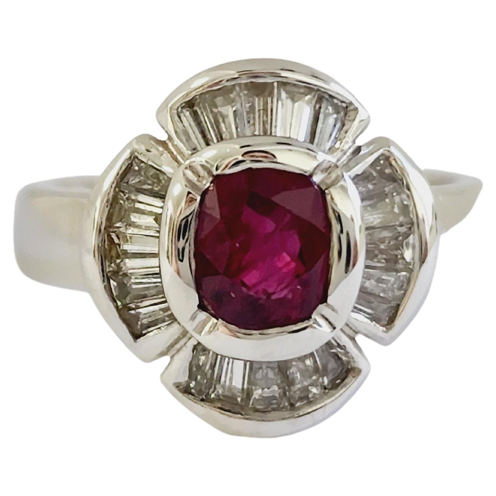 Elegant Ruby Cushion Shape Baguette Diamond Ring 18 Karat White Gold For Sale