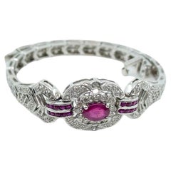 Elegant Ruby Diamond Art Deco Style 14k White Gold Line Strap Bracelet