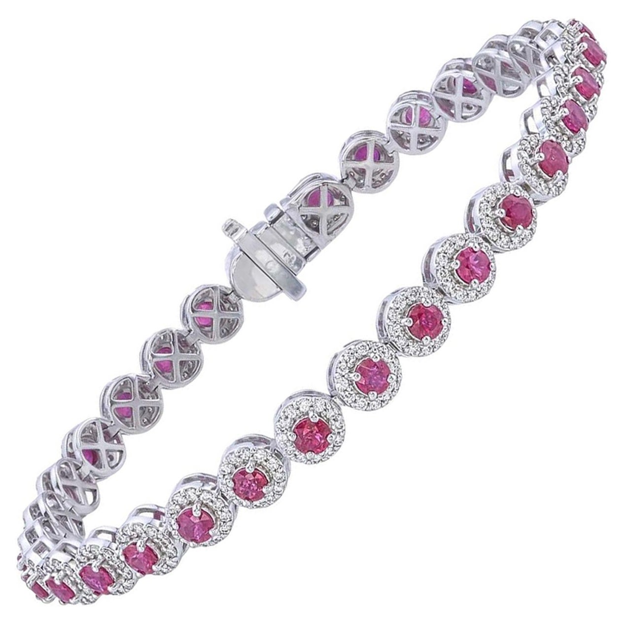 Elegantes Rubin- und Diamant-Halo-Tennisarmband aus Weißgold im Angebot