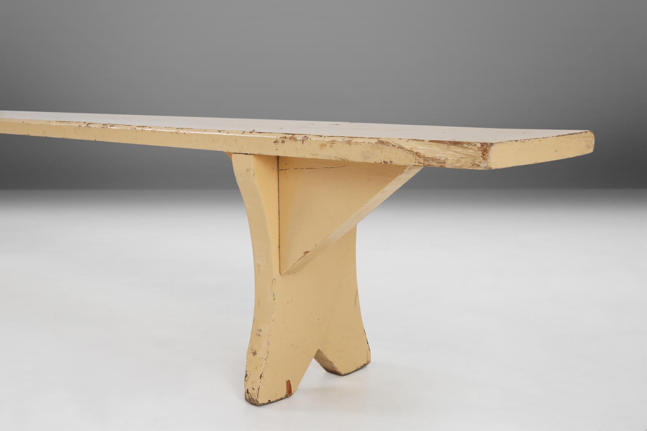 Early 20th Century Elegant rustic beige wooden bench with nice patina, France ca. 1900 For Sale