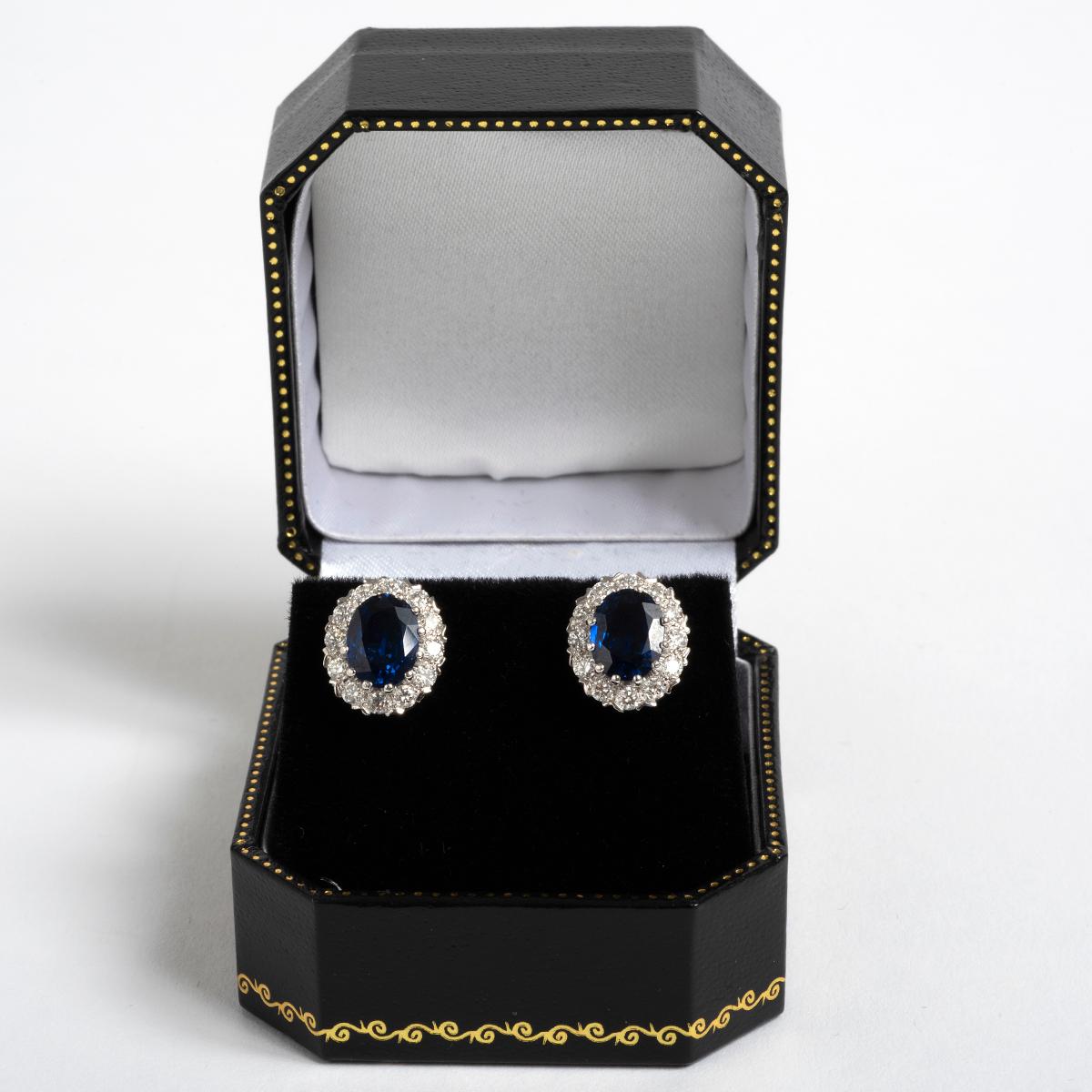 18 Carat Sapphire (2.63ct)  & Diamond (0.59ct) Diana Style Earrings In Excellent Condition For Sale In Canterbury, GB