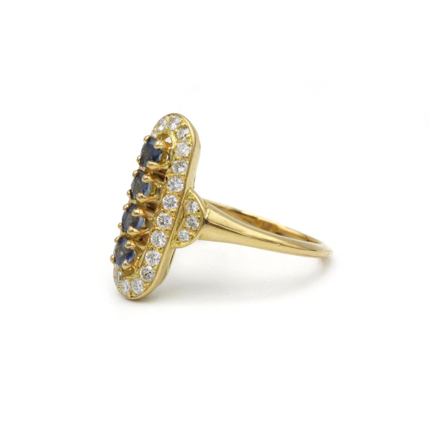 This refined ring artfully combines the regal blue of sapphires with the timeless brilliance of diamonds, all set in warm 18 K yellow gold. At its center, four round-cut sapphires totalling approximately 0.20 ct are aligned vertically, their deep
