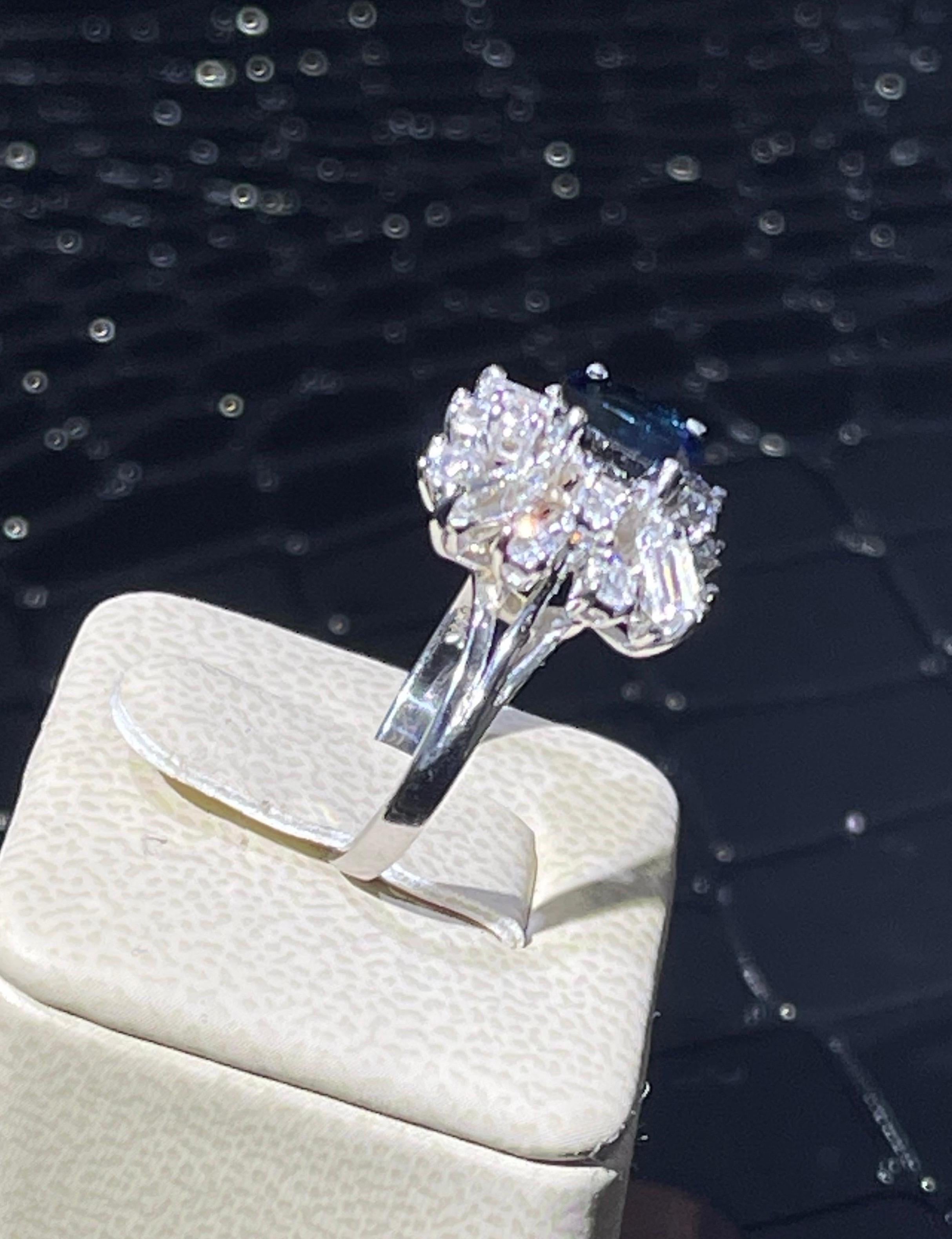 Art Deco Elegant Sapphire & Diamond Ring In 14k White Gold For Sale