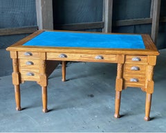 Elegant Satinwood Art Nouveau Partners with Desk Blue Suede Top, ca 1915