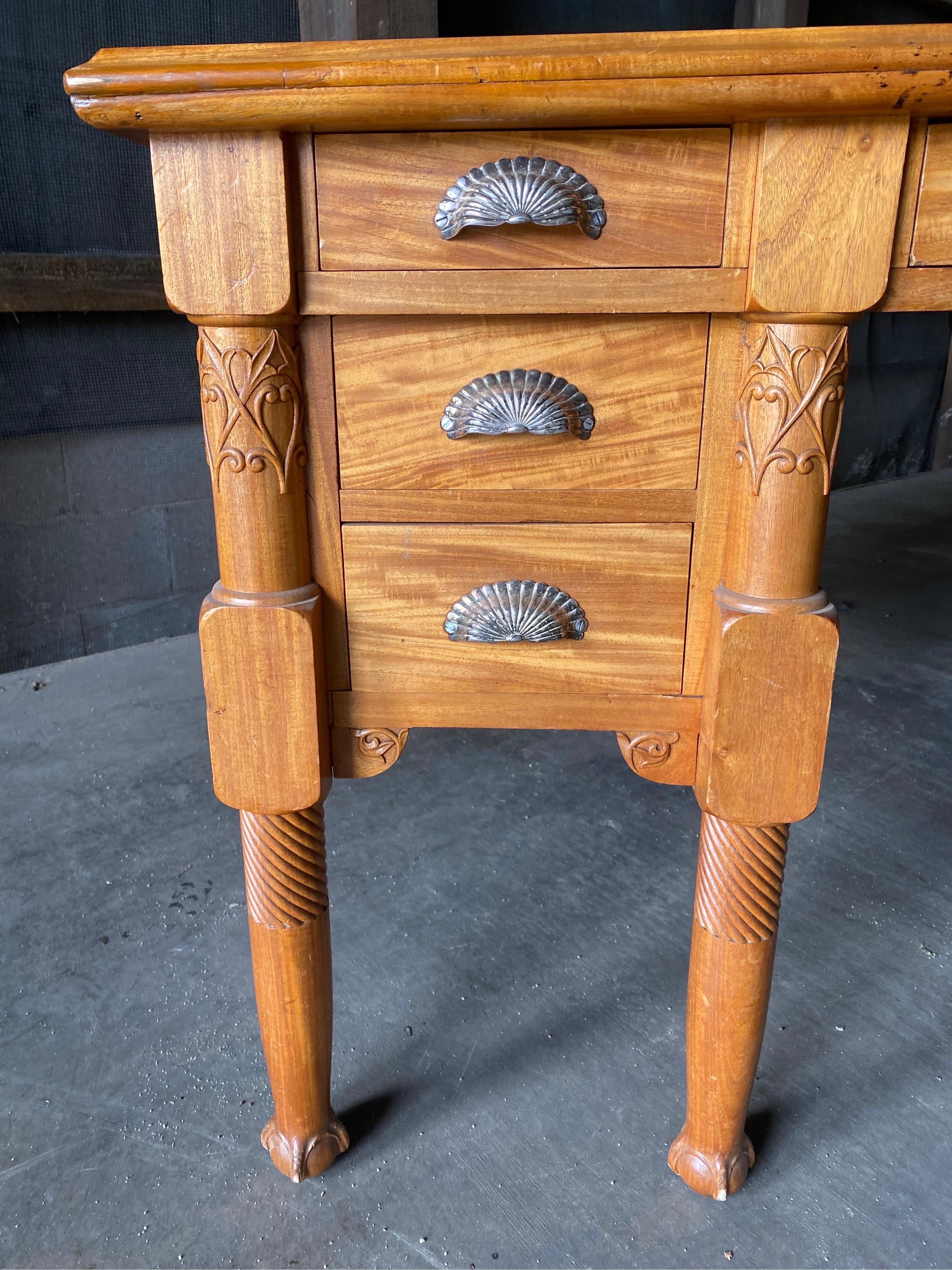 Elegant Satinwood Art Nouveau Partners with Desk Blue Suede Top, ca 1915 For Sale 2