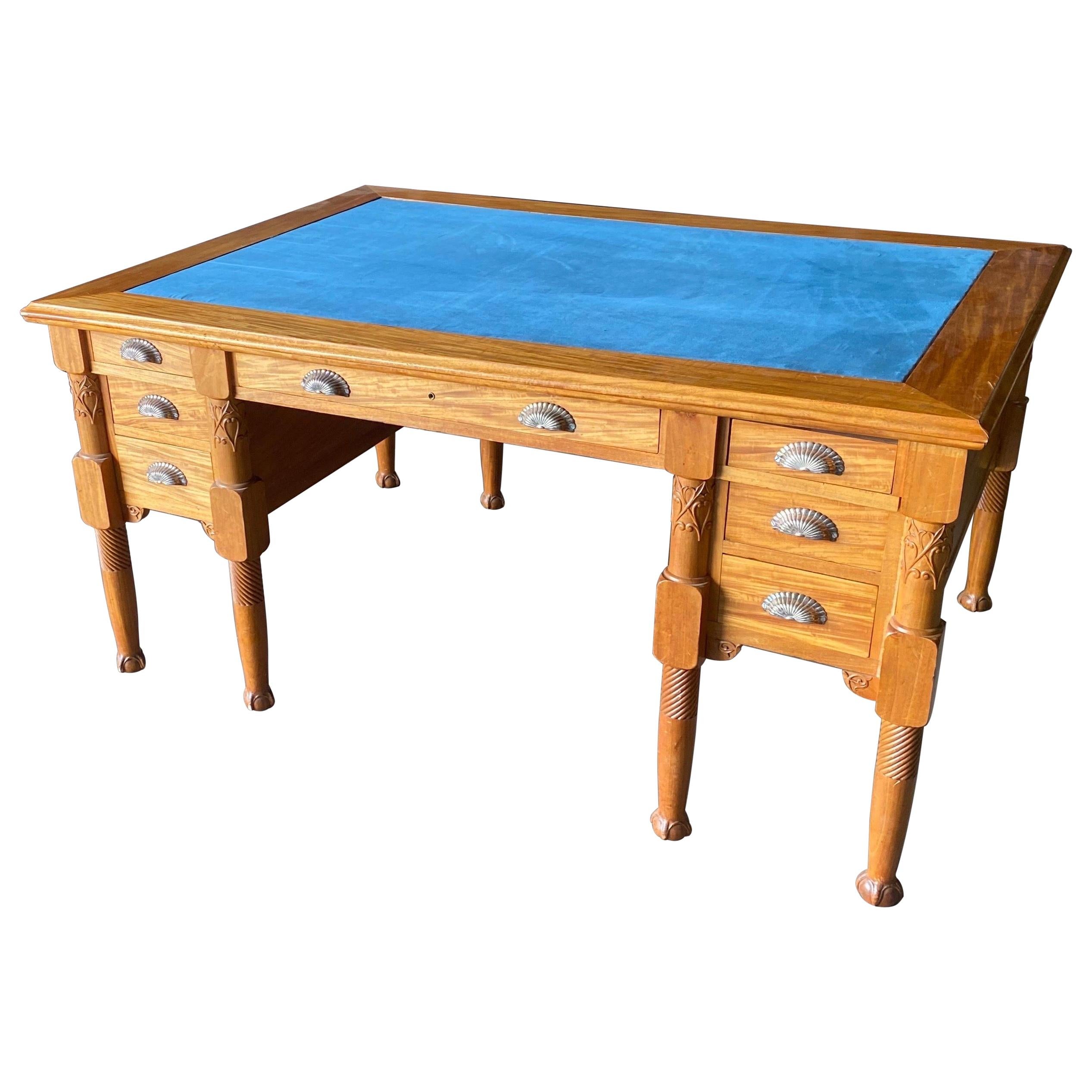 Elegant Satinwood Art Nouveau Partners with Desk Blue Suede Top, ca 1915 For Sale