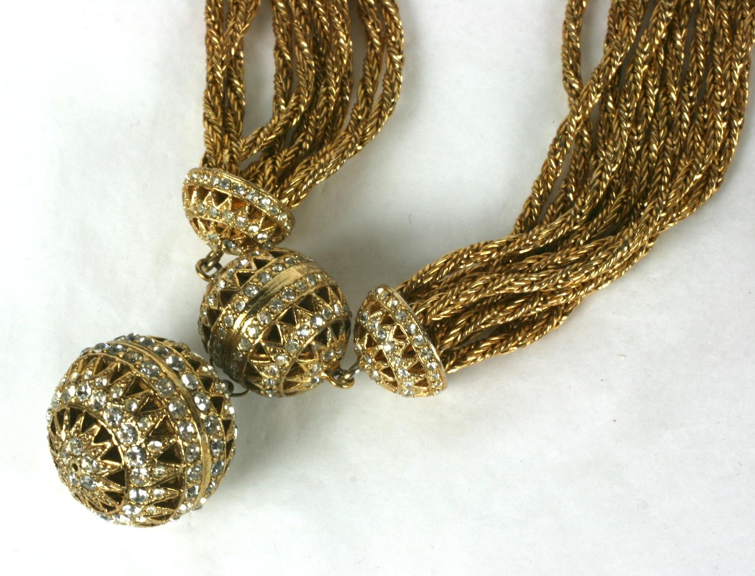 Elegant sautoir of Gilt Fox Chain and Pave Ball Stations from the 1960's. Beautifully crafted with pierced balls accented with crystal rhinestones with central focal drop. 
High quality faux jewelry likely manufactured by Nettie Rosenstein,