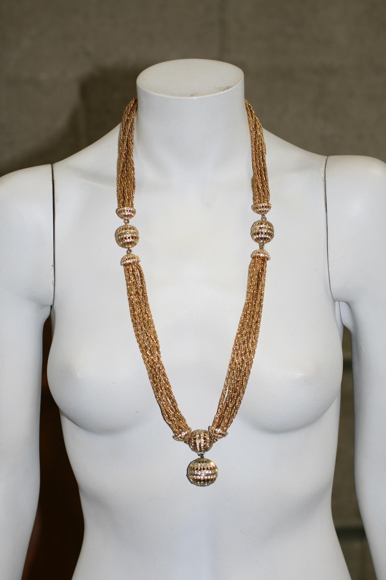 Women's or Men's Elegant Sautoir of Gilt Fox Chain and Pave Ball Stations For Sale