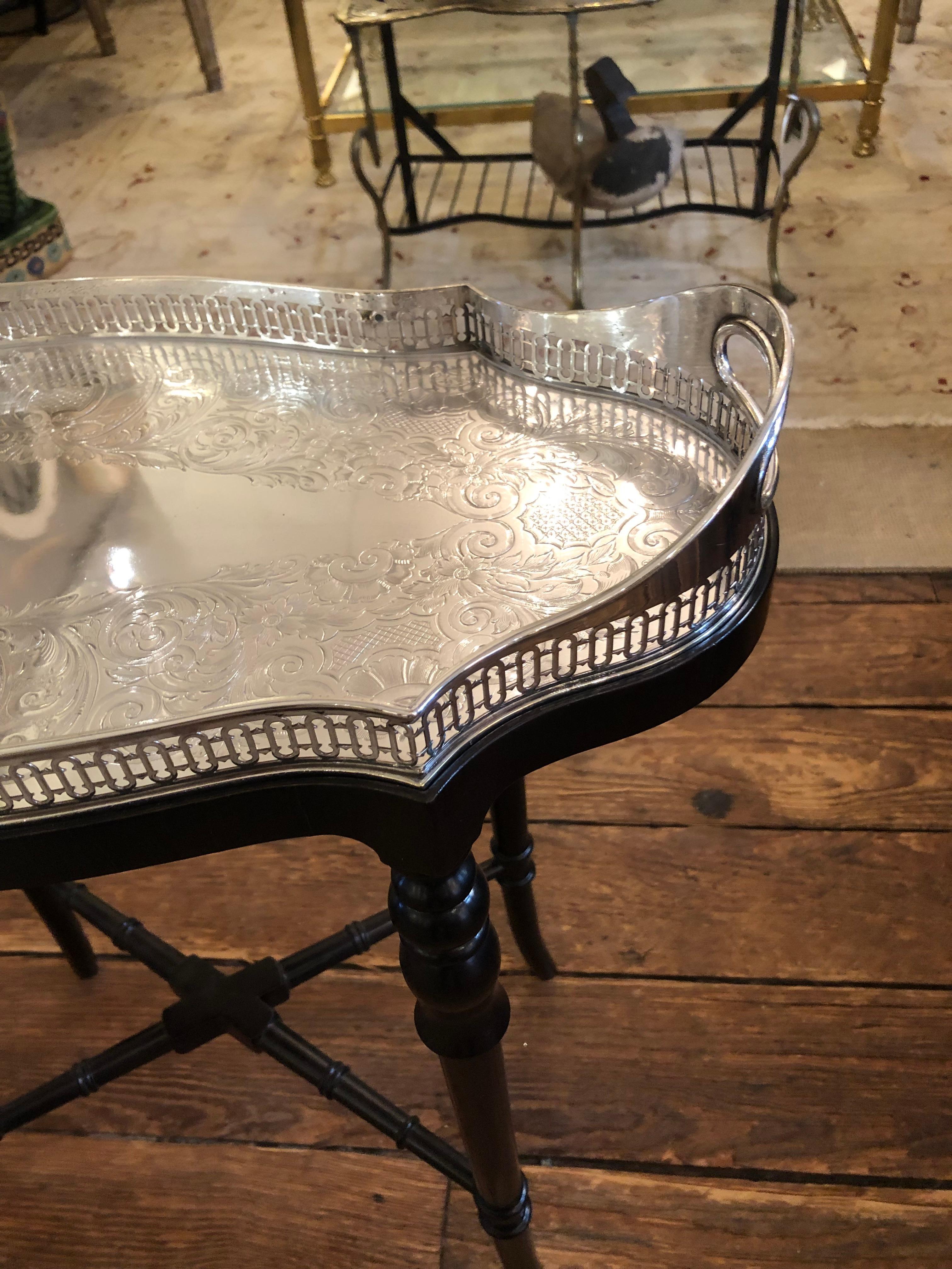 Elegant Scalloped Nininger & Co. Custom Drinks Table with Silver Plate Insert 1