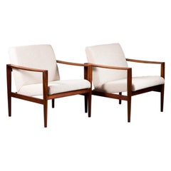 Elegant Scandinavian Mid-Century Modern Teak Re-Upholstered Easy Chairs