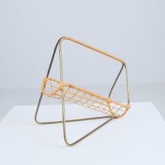 Elegant Scandinavian Mid-Century Wine Bottle Holder in Brass and Rattan, 1950s
