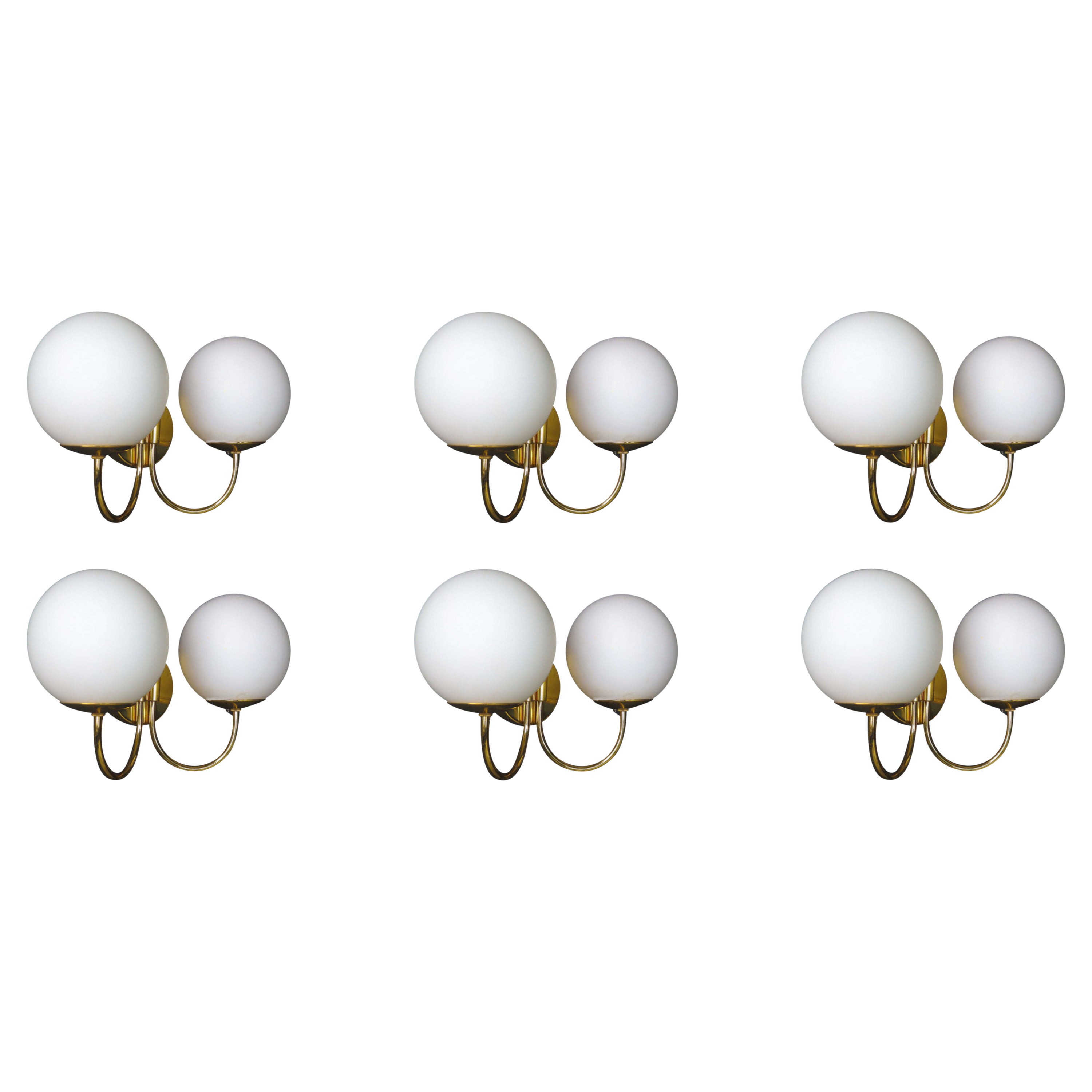 Elegant Sconces with Brass Fixtures and Opaline Glass Globes, Italy, 1960s