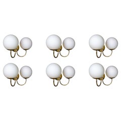 Elegant Sconces with Brass Fixtures and Opaline Glass Globes, Italy, 1960s