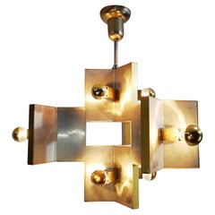 Vintage Elegant Sculptural Brass and Mirrored Metal Chandelier from Sciolari, 1970s