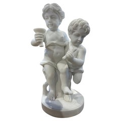 Retro Elegant Sculpture Of Two Putti In White Marble