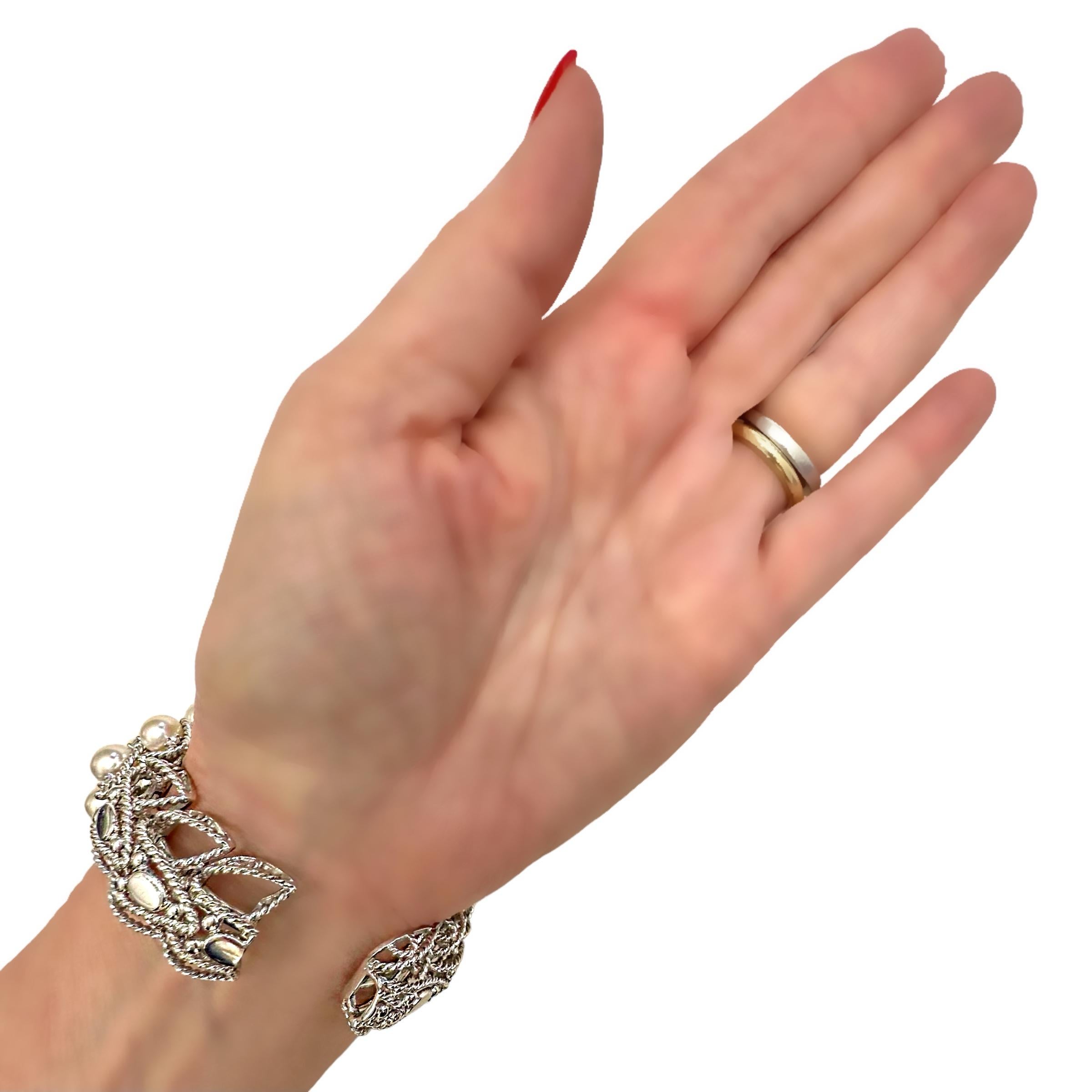 Elegant Seaman Schepps White Gold Pearl and Diamond Flexible Cuff Bracelet For Sale 6