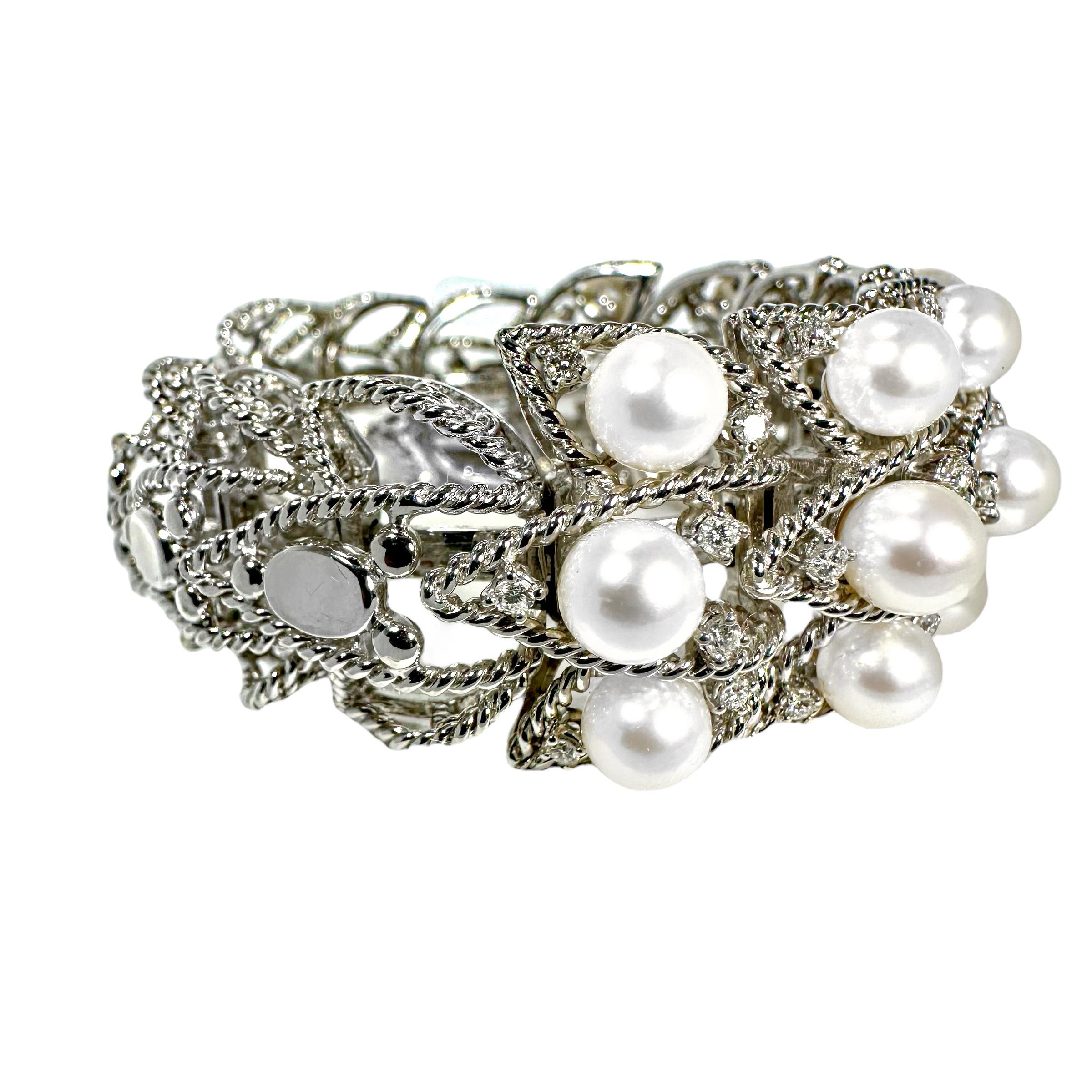 Brilliant Cut Elegant Seaman Schepps White Gold Pearl and Diamond Flexible Cuff Bracelet For Sale
