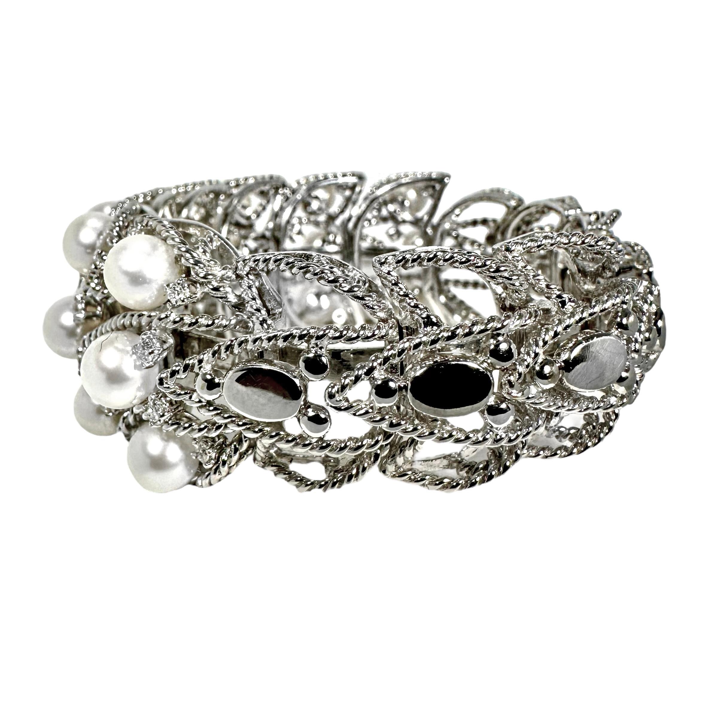 Women's Elegant Seaman Schepps White Gold Pearl and Diamond Flexible Cuff Bracelet For Sale